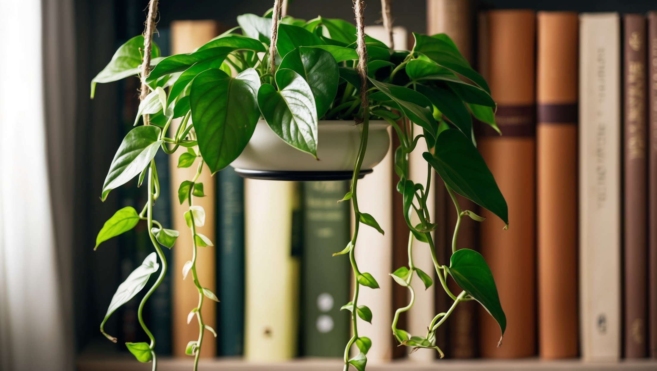 Pothos vines streaming down a bookshelf
