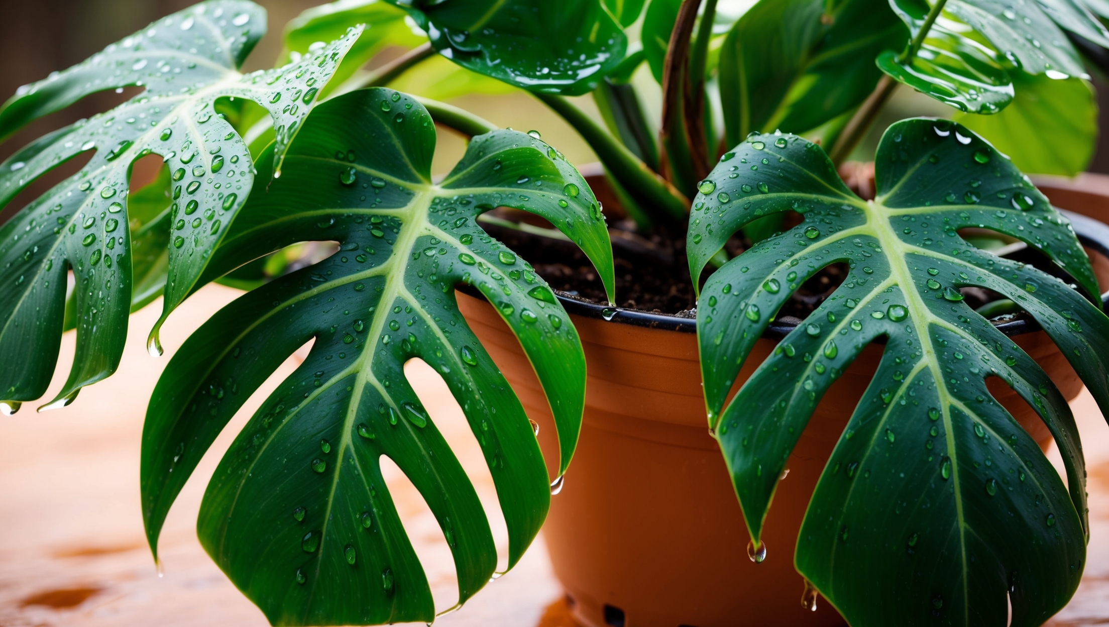 A close-up of a happy indoor plant with dew-speckled leaves