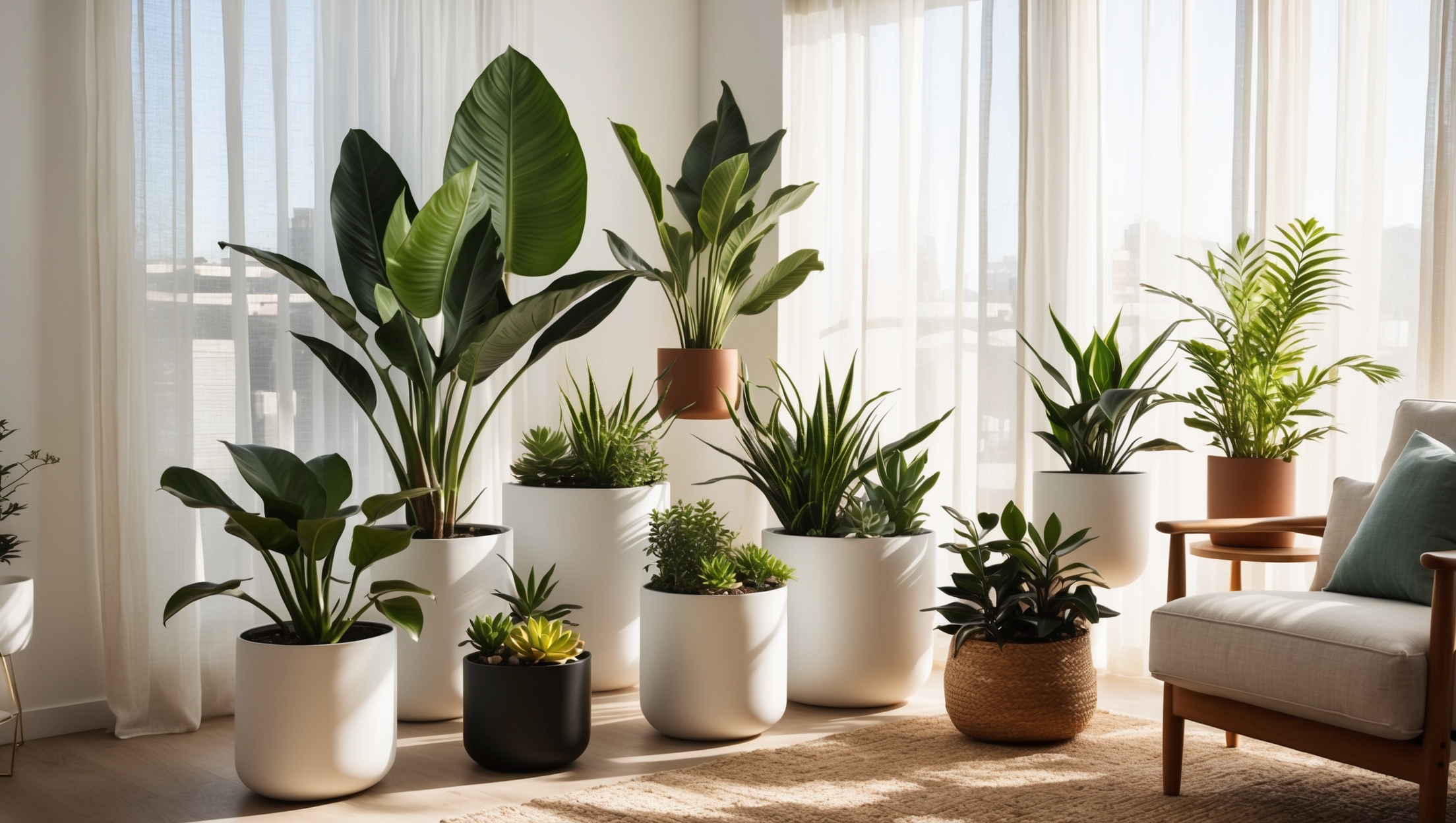 Bright and airy plant arrangement in a cozy living room