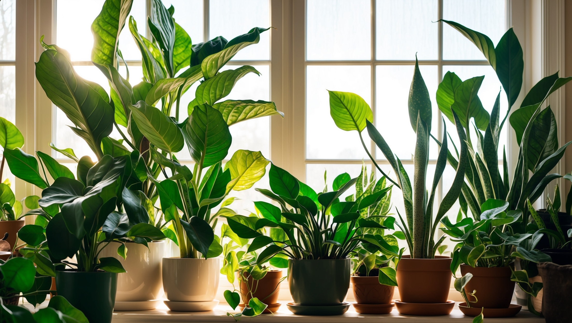 Lush green houseplants basking in the sun by a window