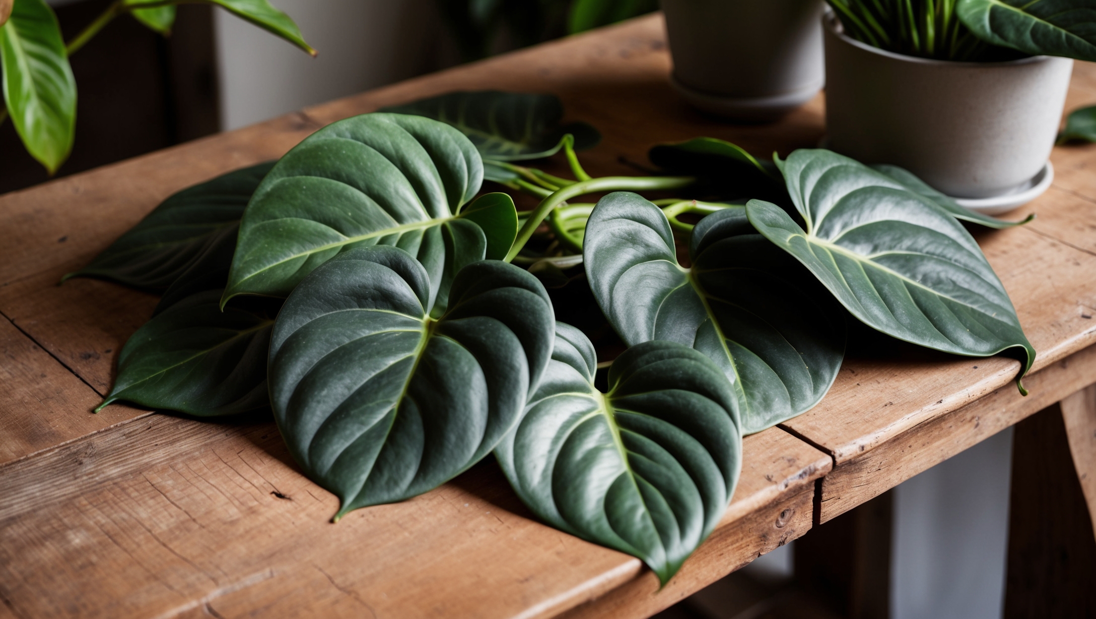 Philodendron Gloriosum's heart-shaped leaves spread out on a wooden table