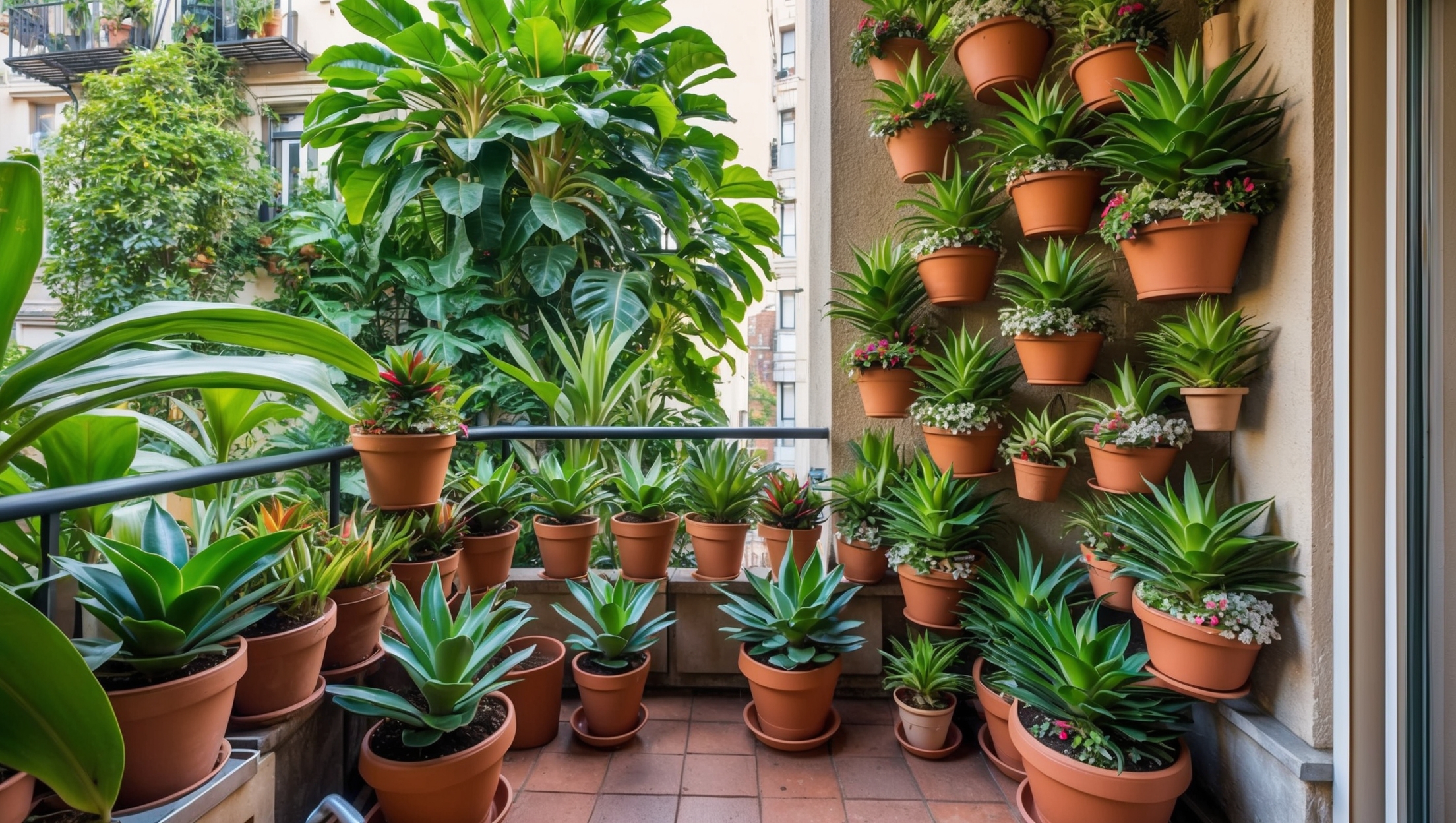 Cozy urban balcony transformed into a tropical haven