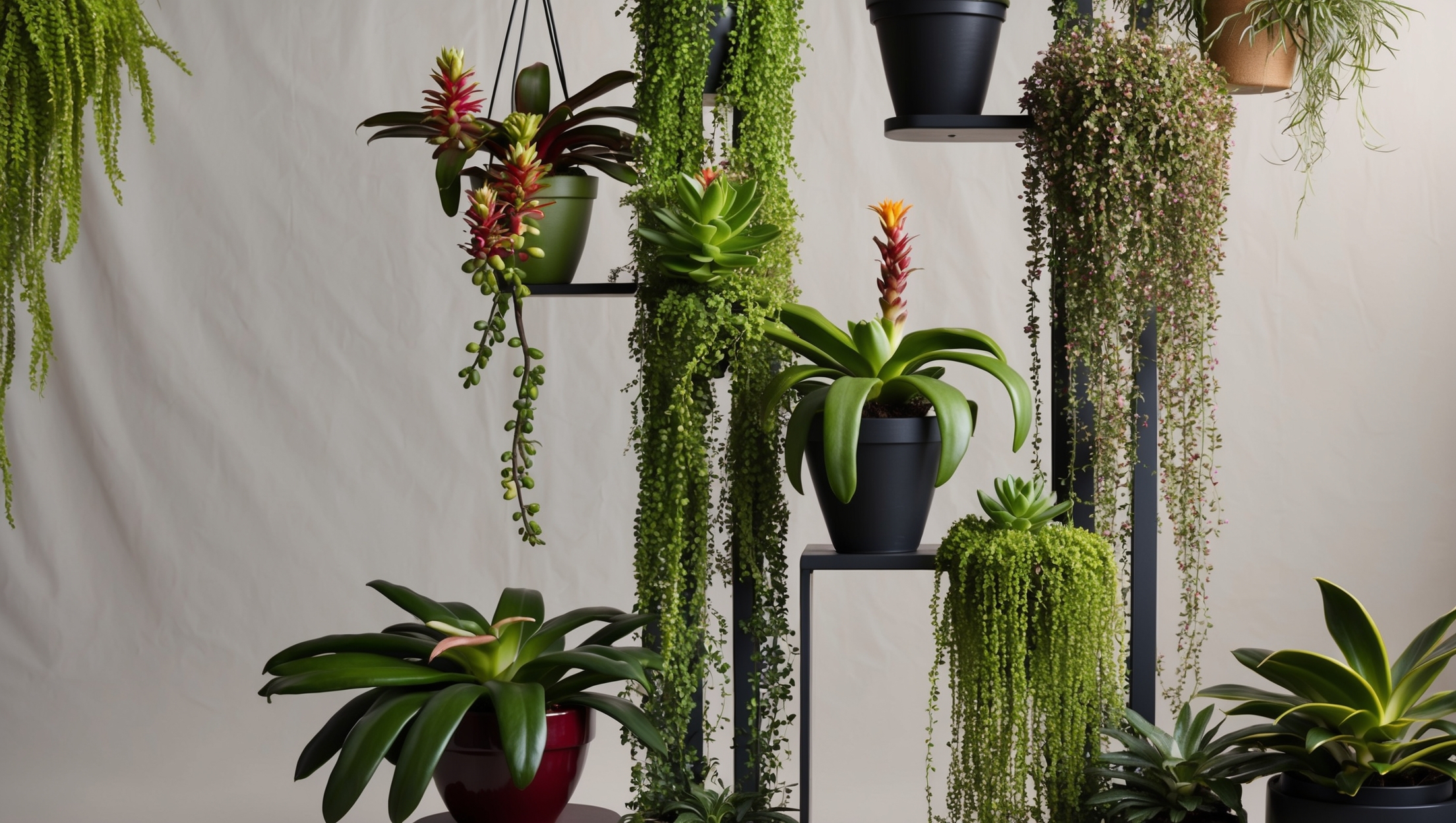 Stylish vertical plant display with vibrant bromeliads