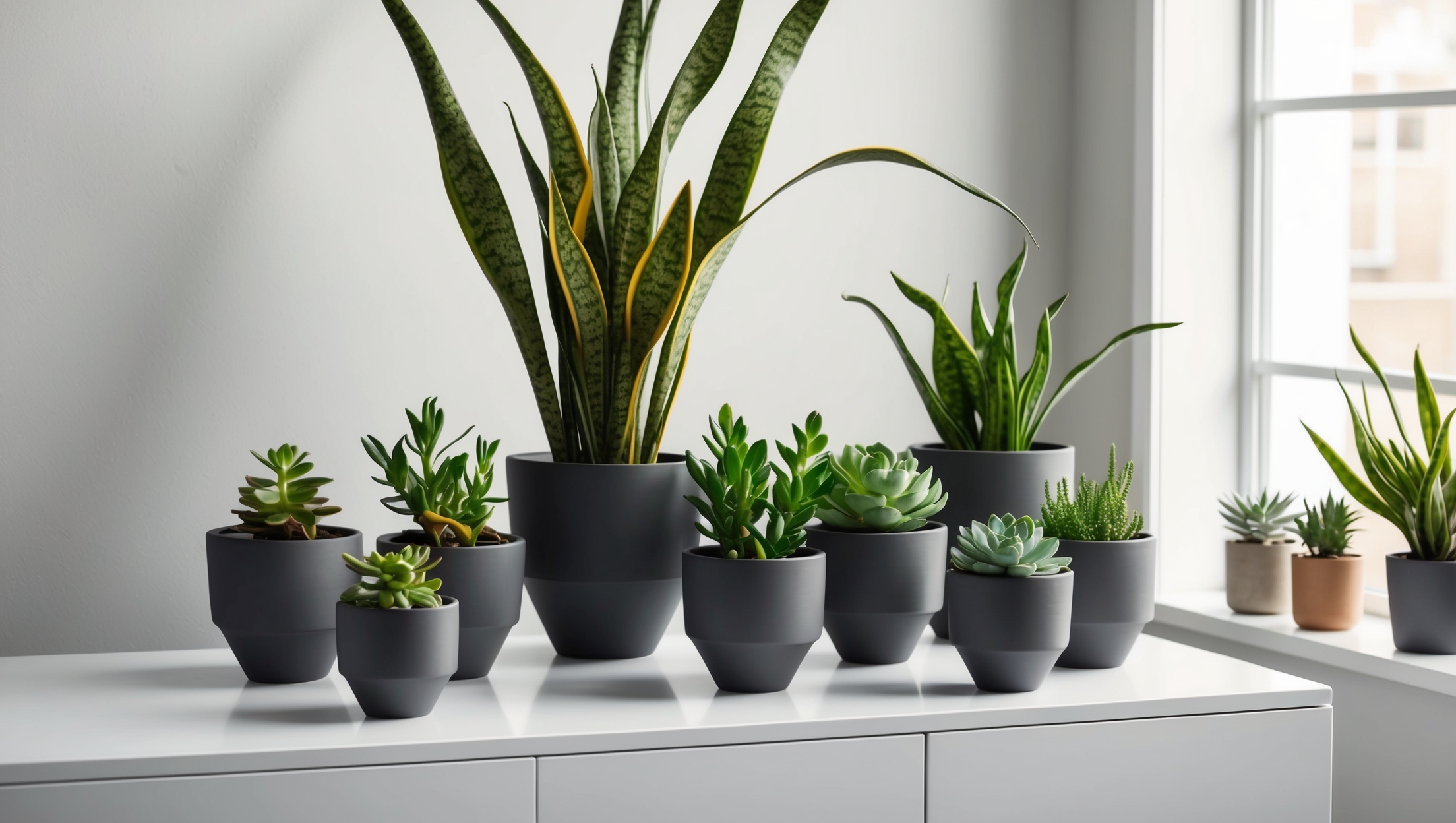 A beginners-friendly houseplant arrangement with a Snake Plant and Succulent