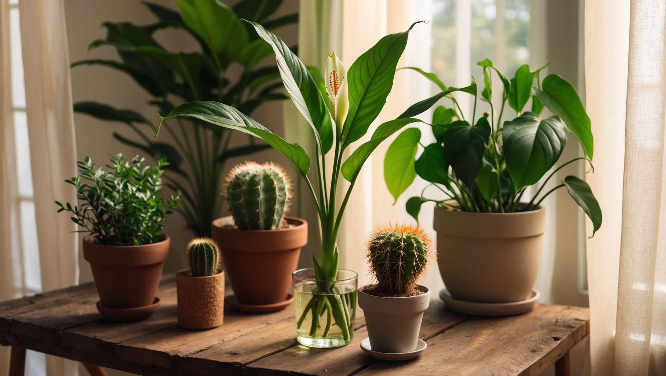 A vibrant collection of houseplants with a Peace Lily and a small Cactus on a wooden table