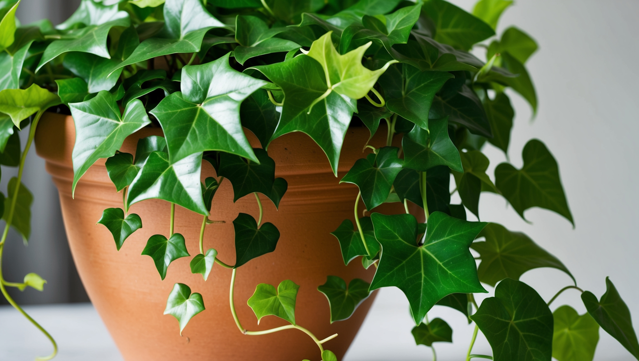 Green foliage of an English Ivy plant cascading from a pot
