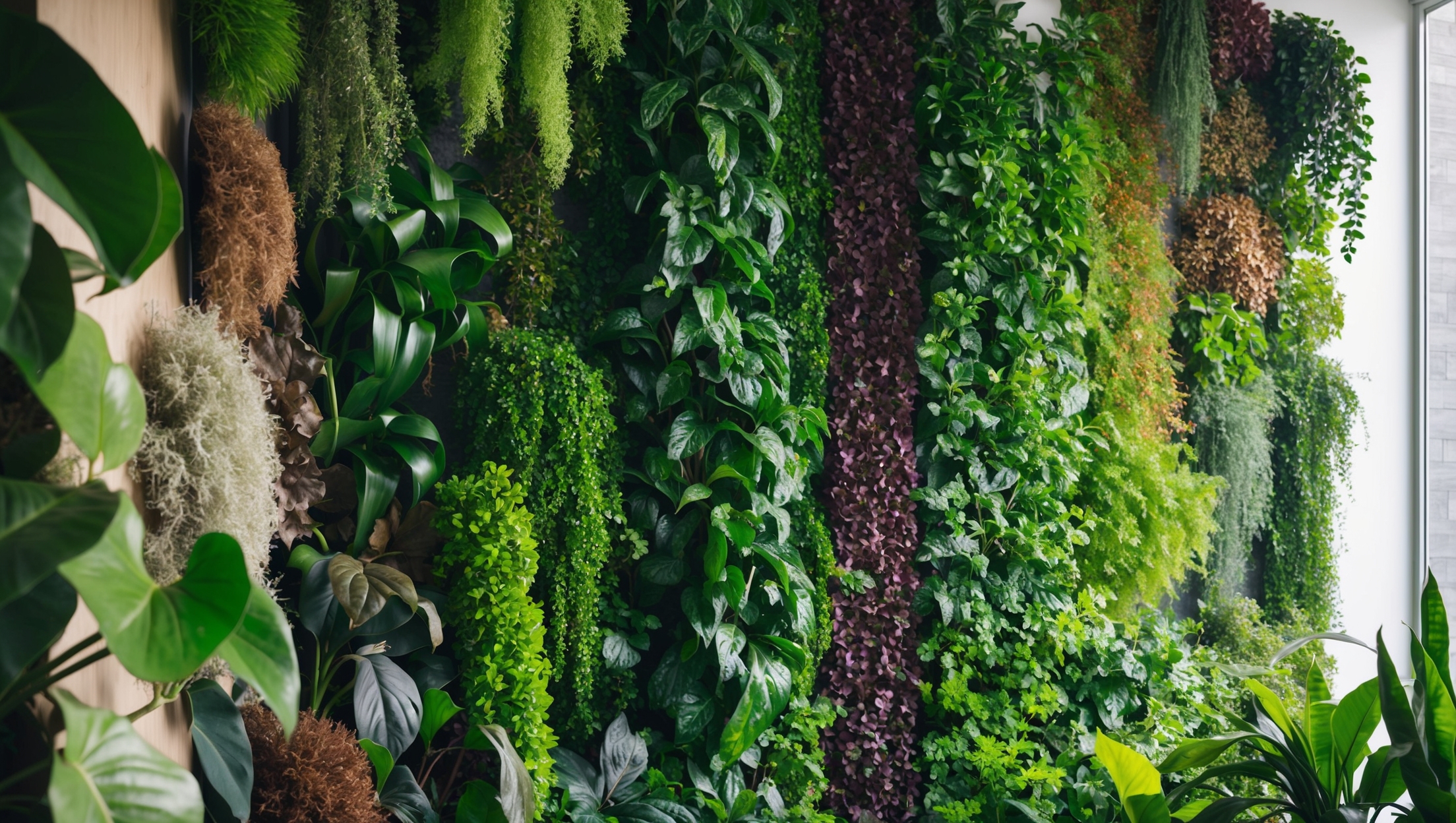 A lush indoor vertical garden with diverse plants covering a wall