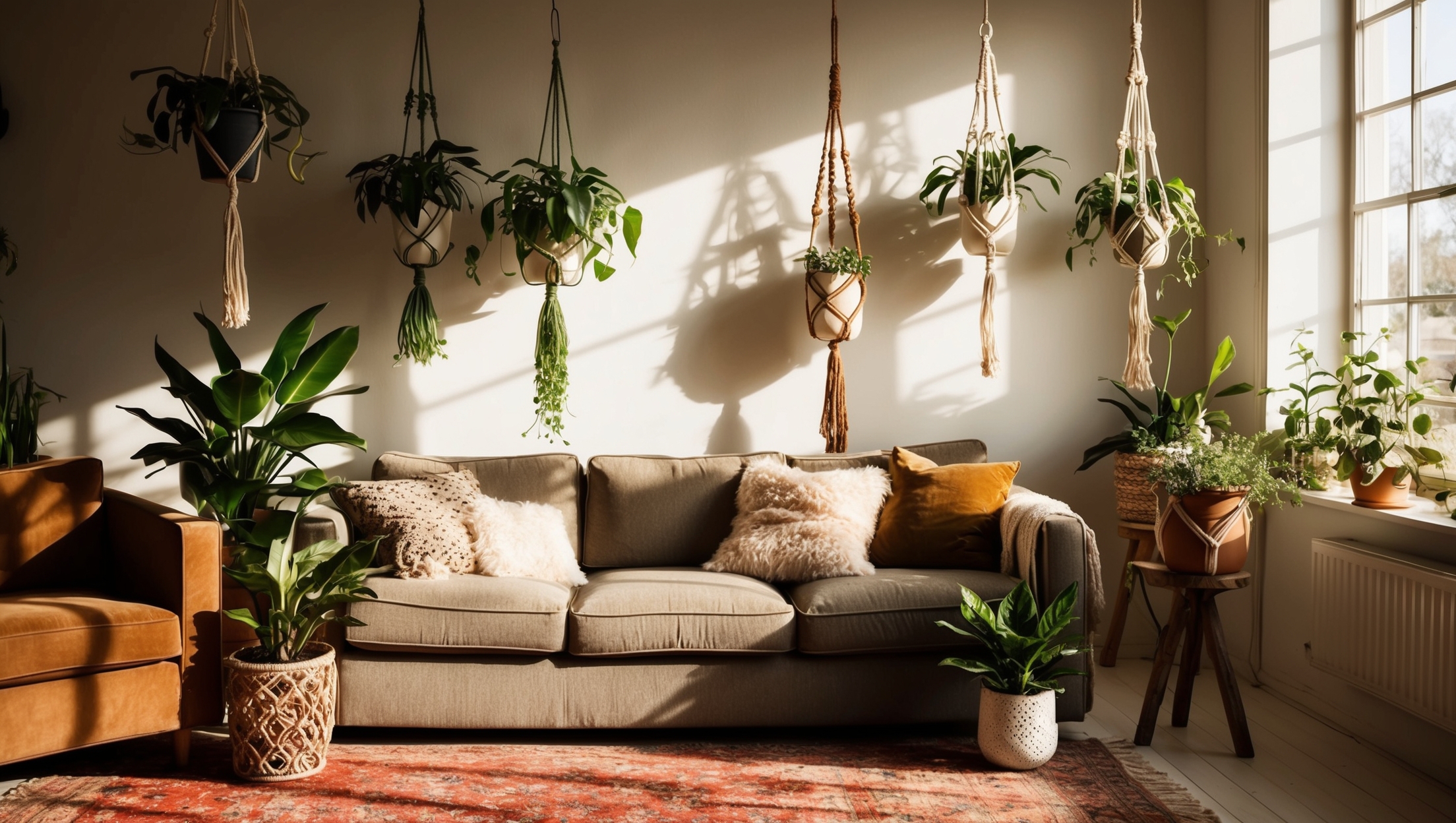 A modern living room with hanging plants in macrame holders
