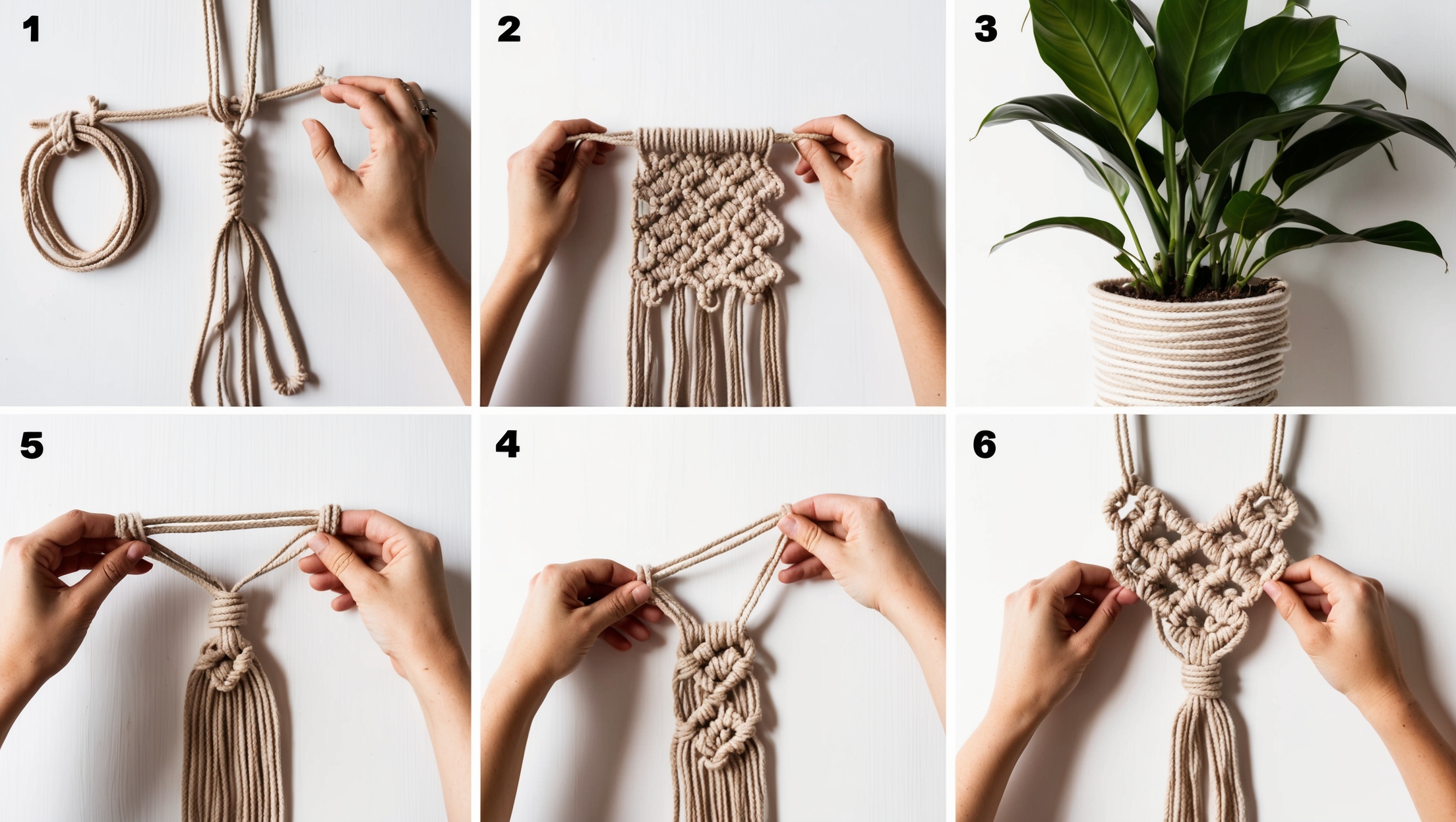 A step-by-step flat lay of DIY macrame plant hanger creation