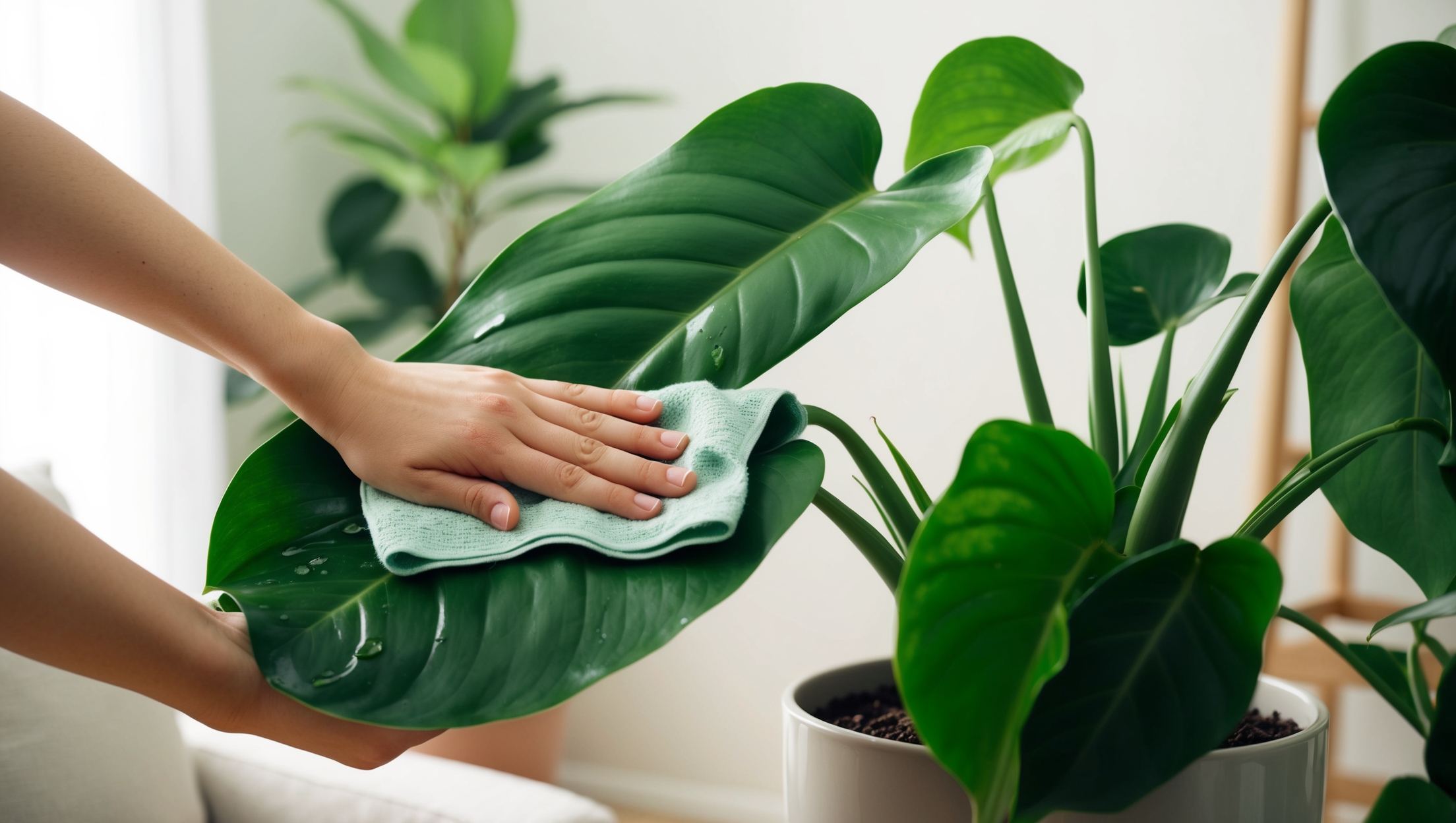 Cleaning leaves of a houseplant