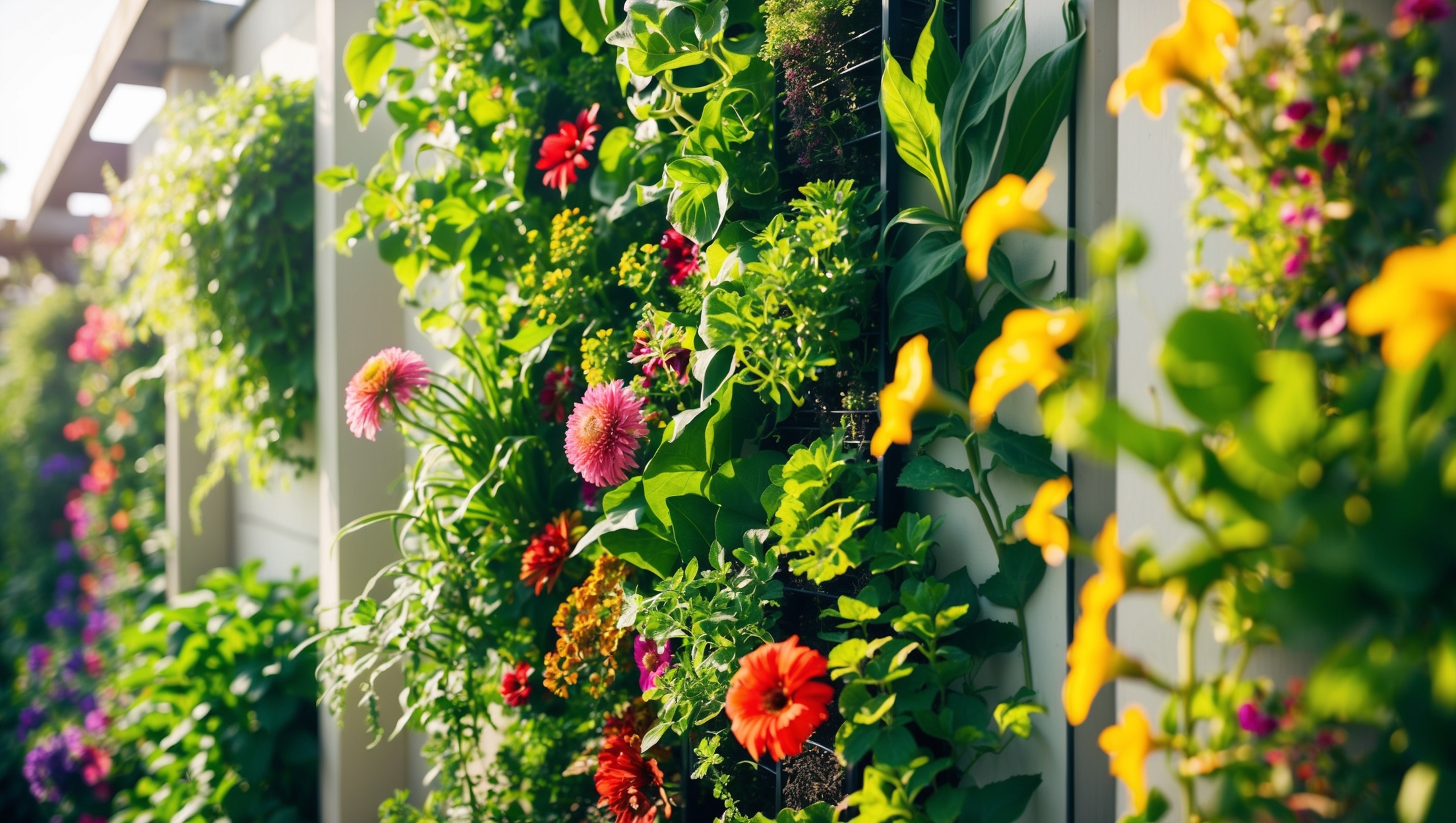 A lush vertical garden with a variety of colorful flowers and greenery