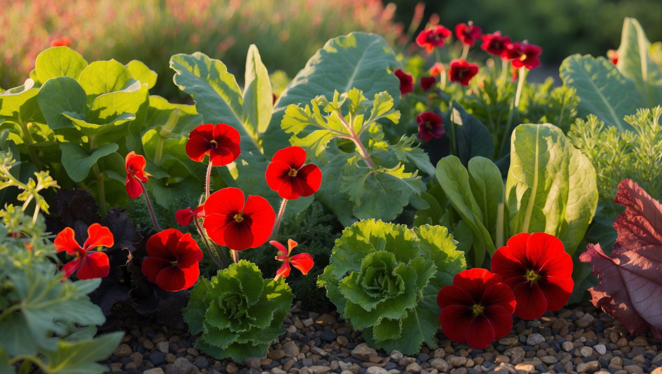 Edible landscaping with vibrant nasturtiums and leafy greens in a well-manicured garden