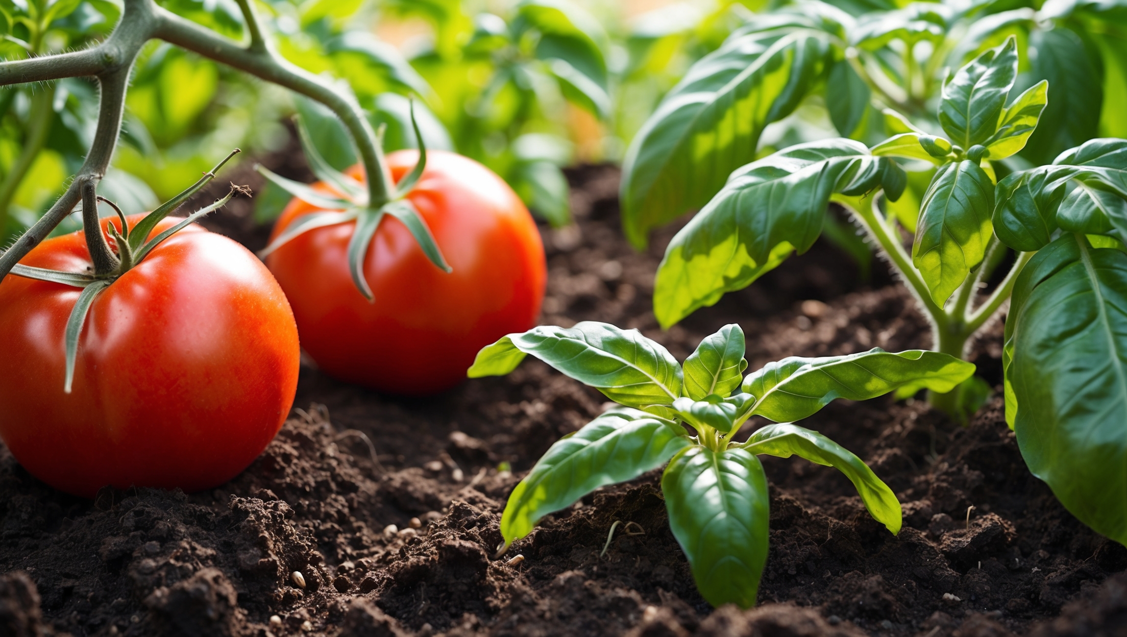 Newly planted companion pairings of tomato and basil with rich, fertile soil