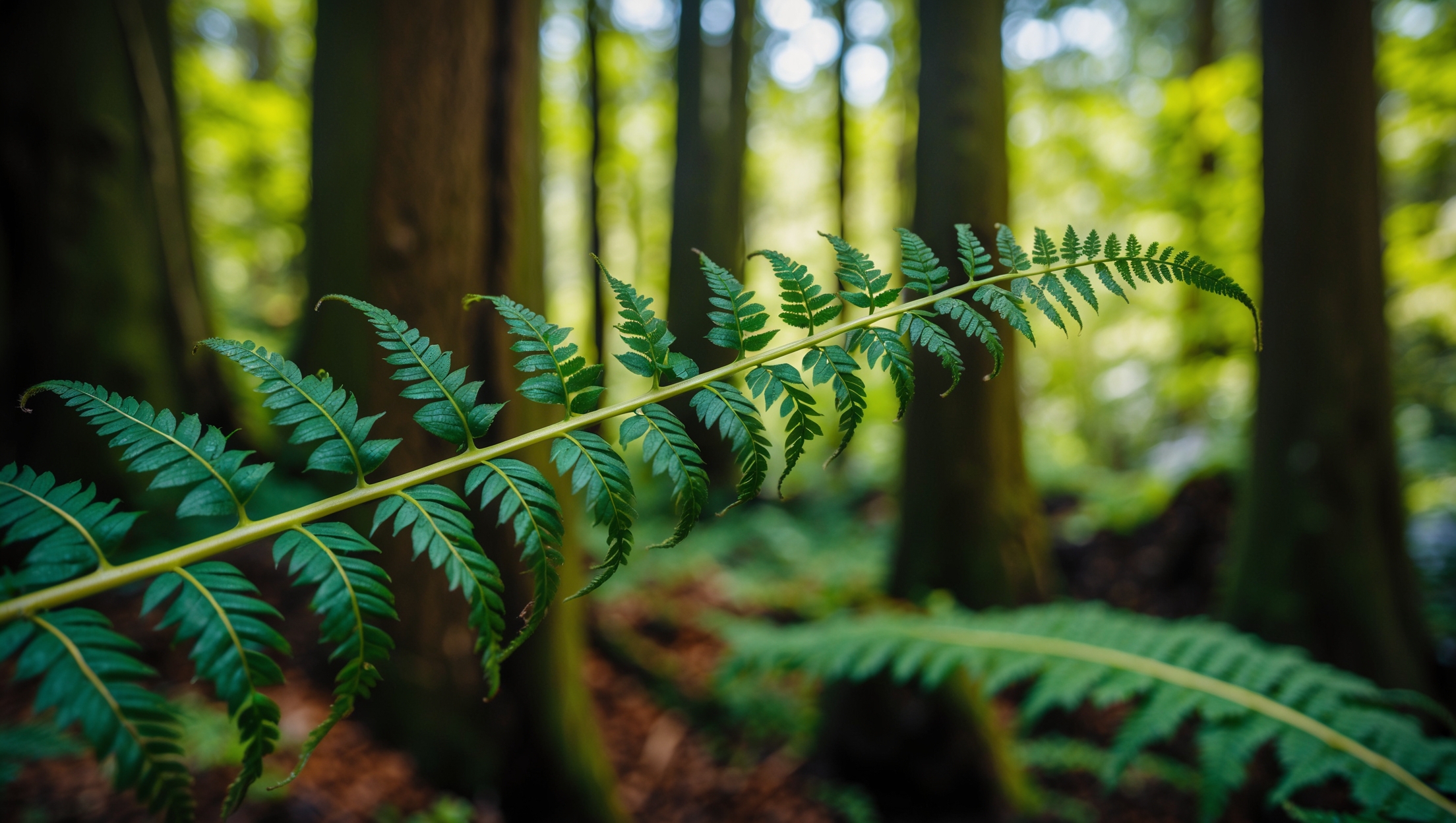 A close-up image of a lush green fern frond unfurling in a forest setting