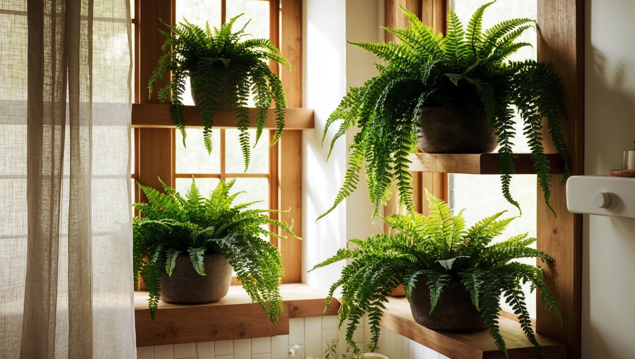A home interior scene with ferns in a bathroom setting, adorned with natural light filtering through a curtain