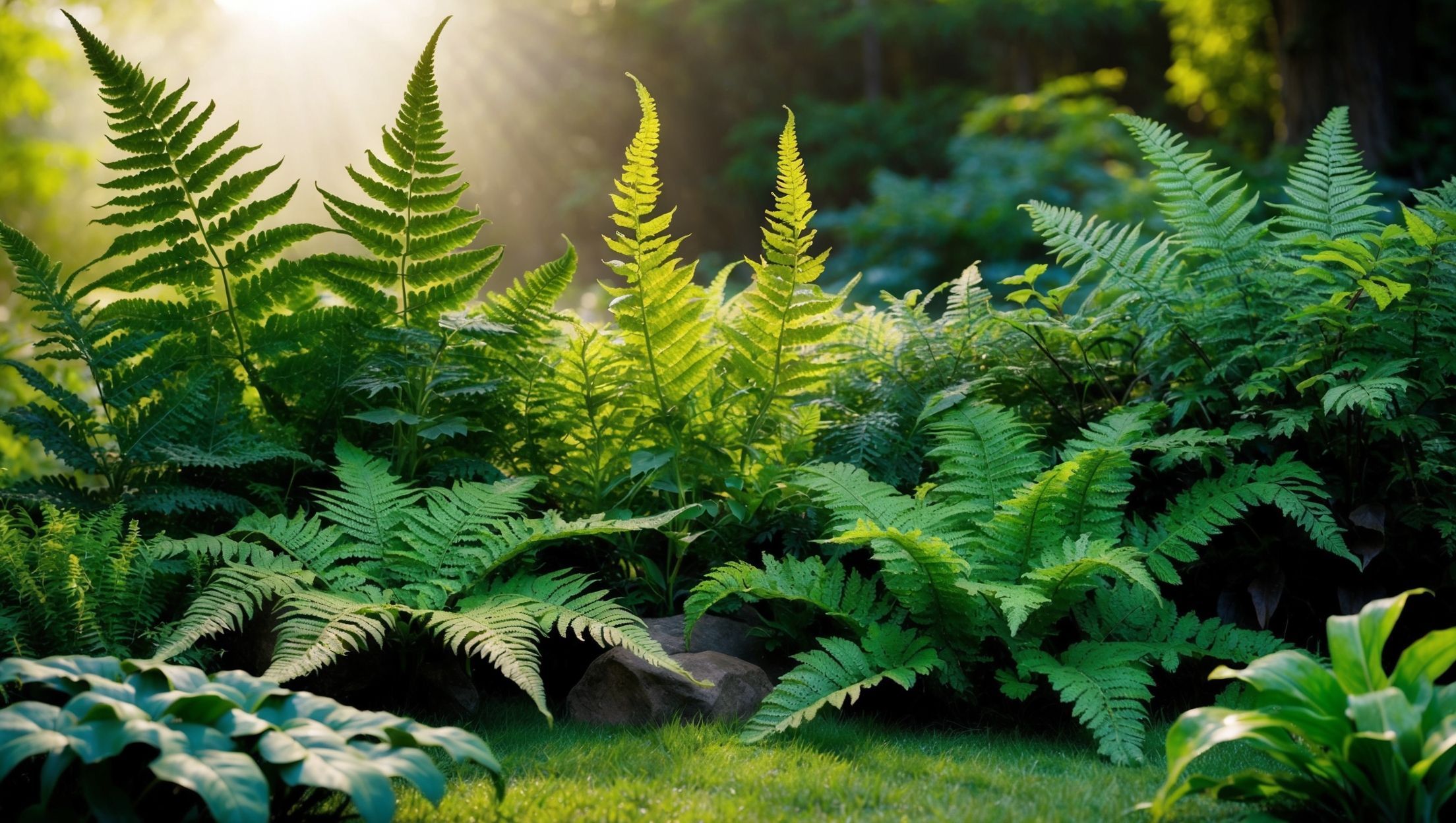 A serene image of multiple fern varieties in a garden setting, showcasing their diversity and beauty