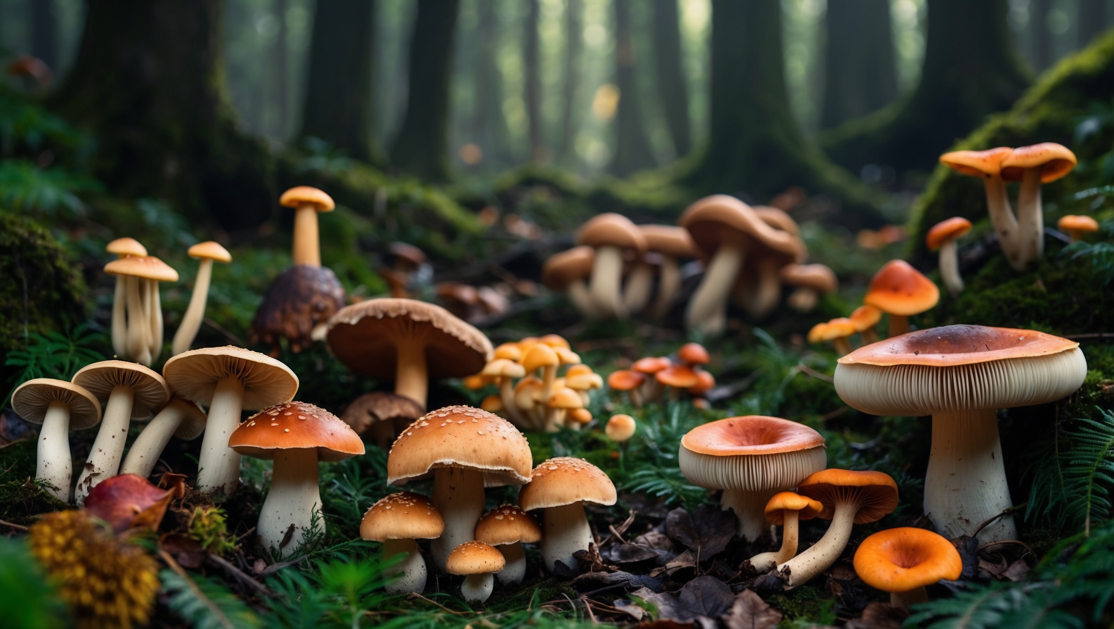 forest floor teeming with wild mushrooms