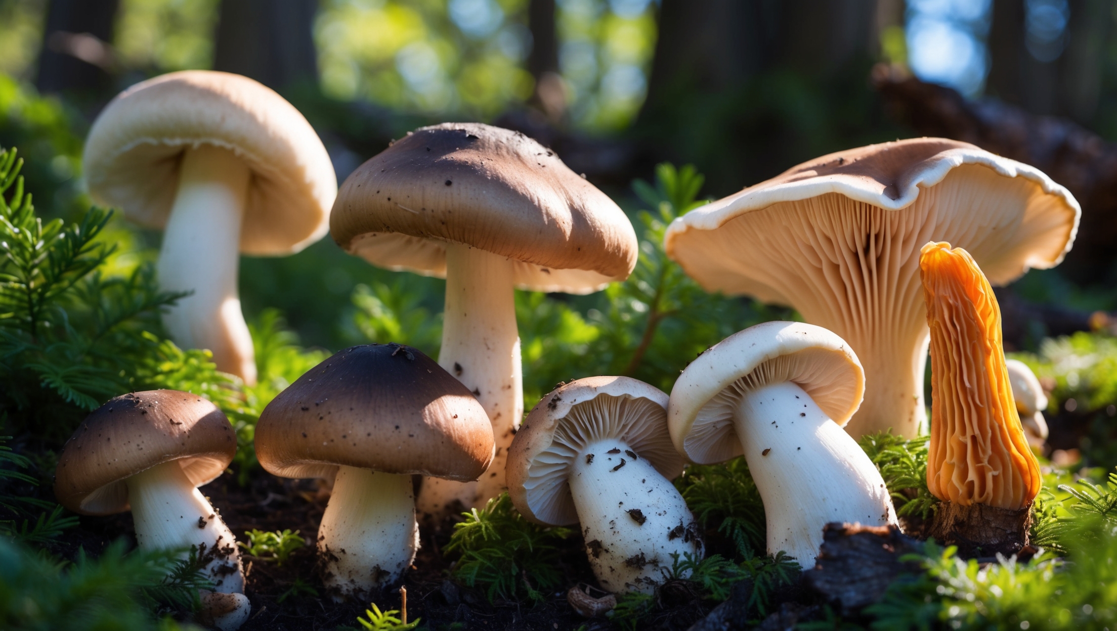 several mushroom varieties in the wild