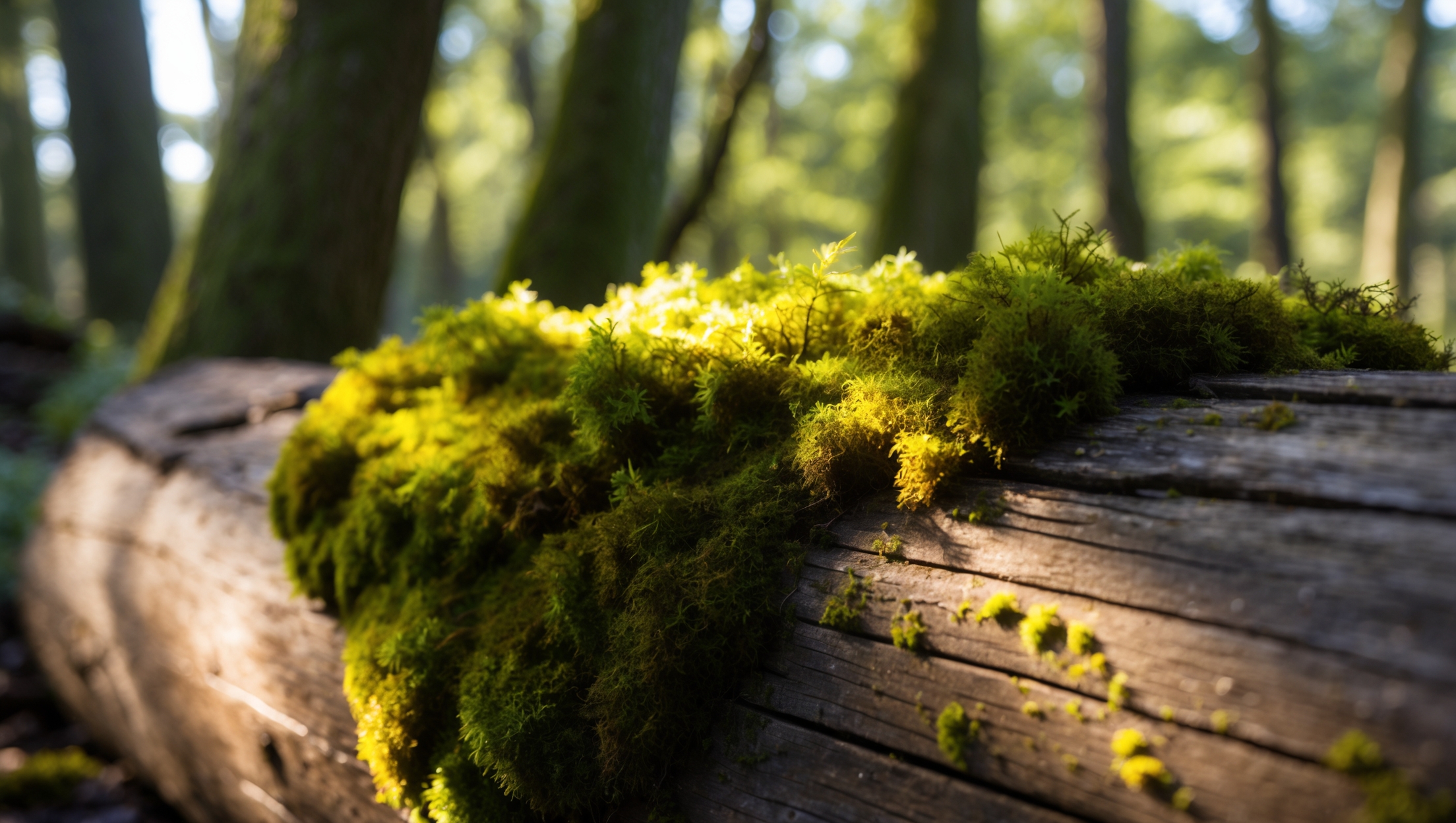 A closeup of moss on a wooden log with sunlight filtering through forest canopy