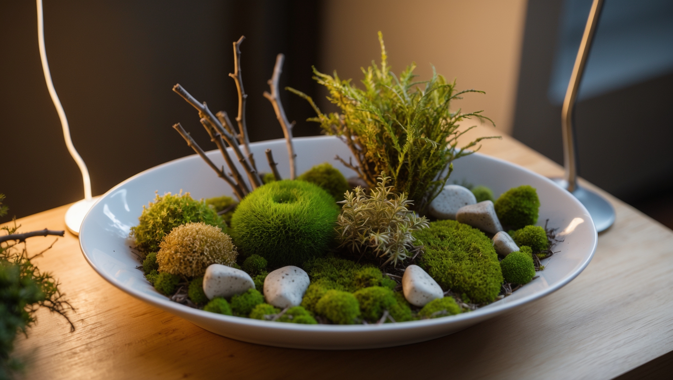 Mini moss garden in a shallow dish with rocks and twigs