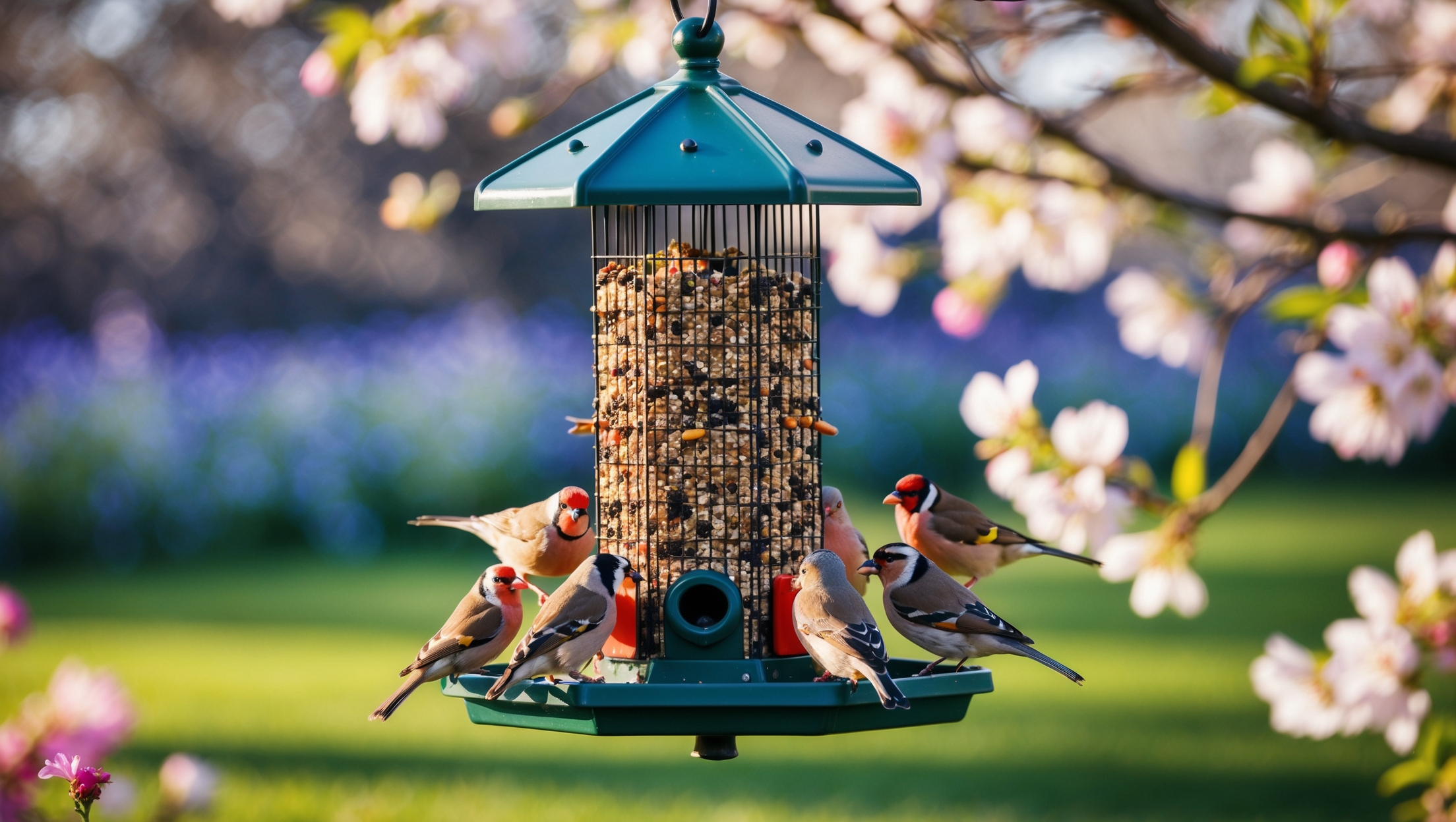 A bird feeder drawing in several colorful birds