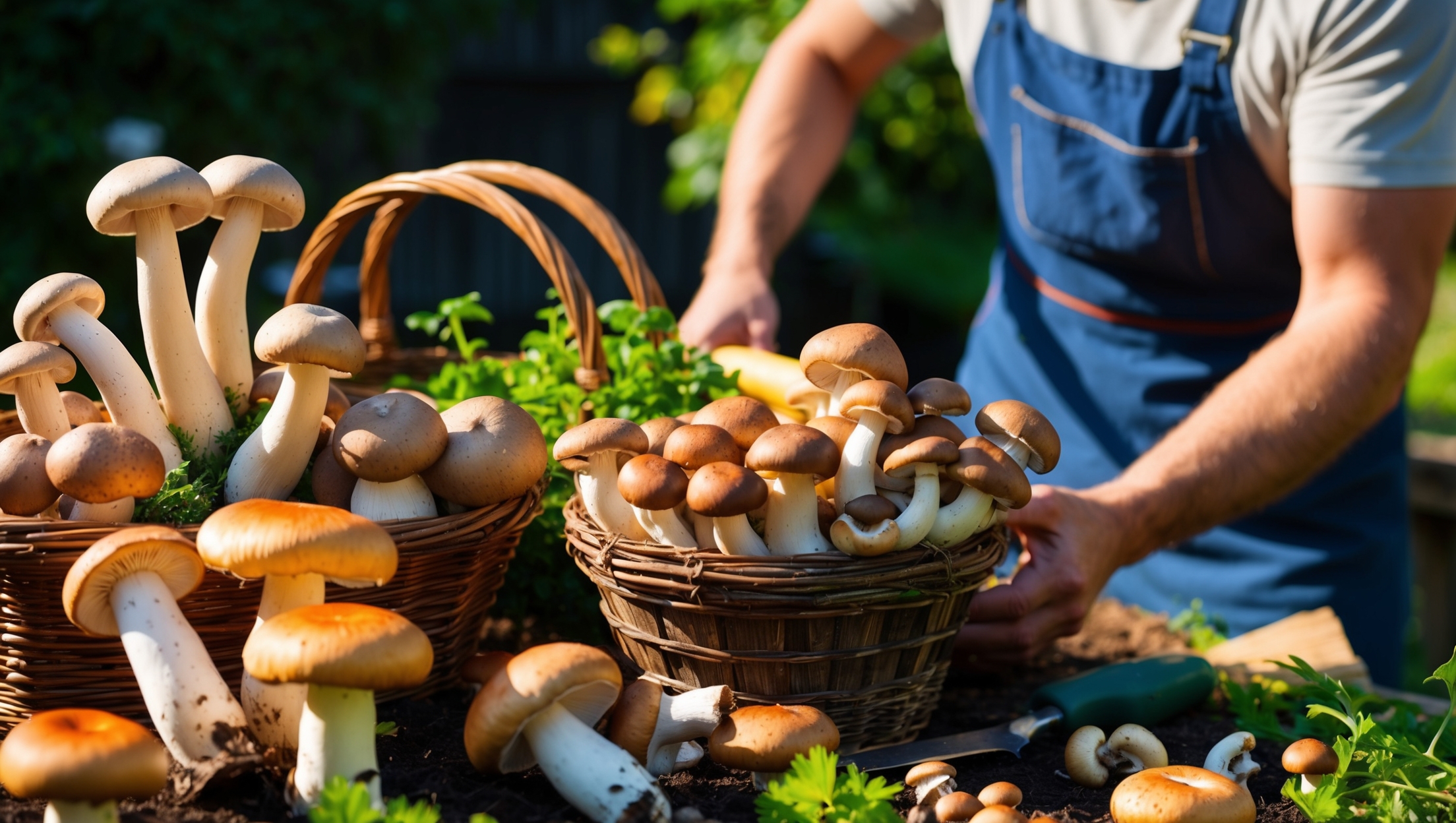 A gardener harvesting mushrooms