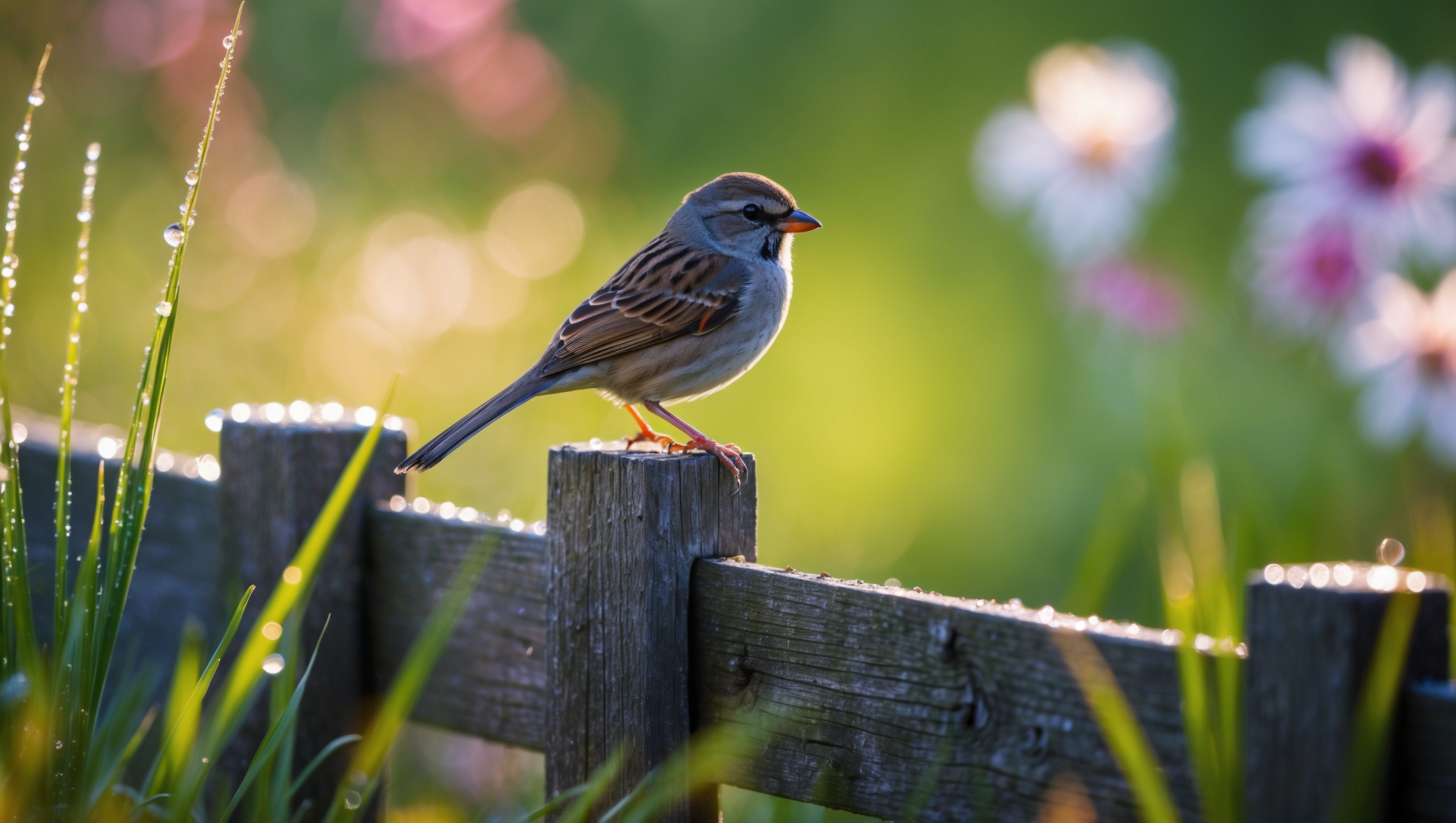 A sparrow delicately perched on a garden fence