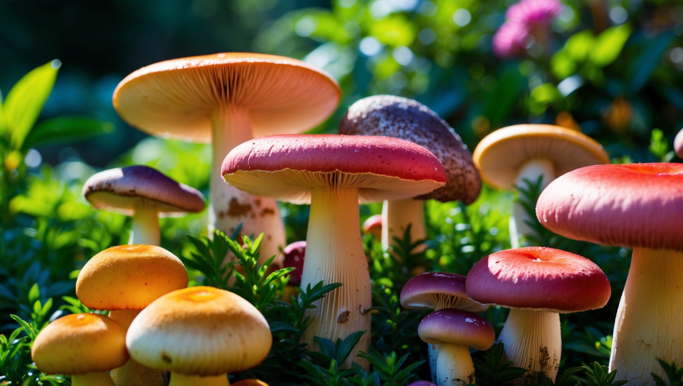 Close view of vibrant mushrooms in a garden