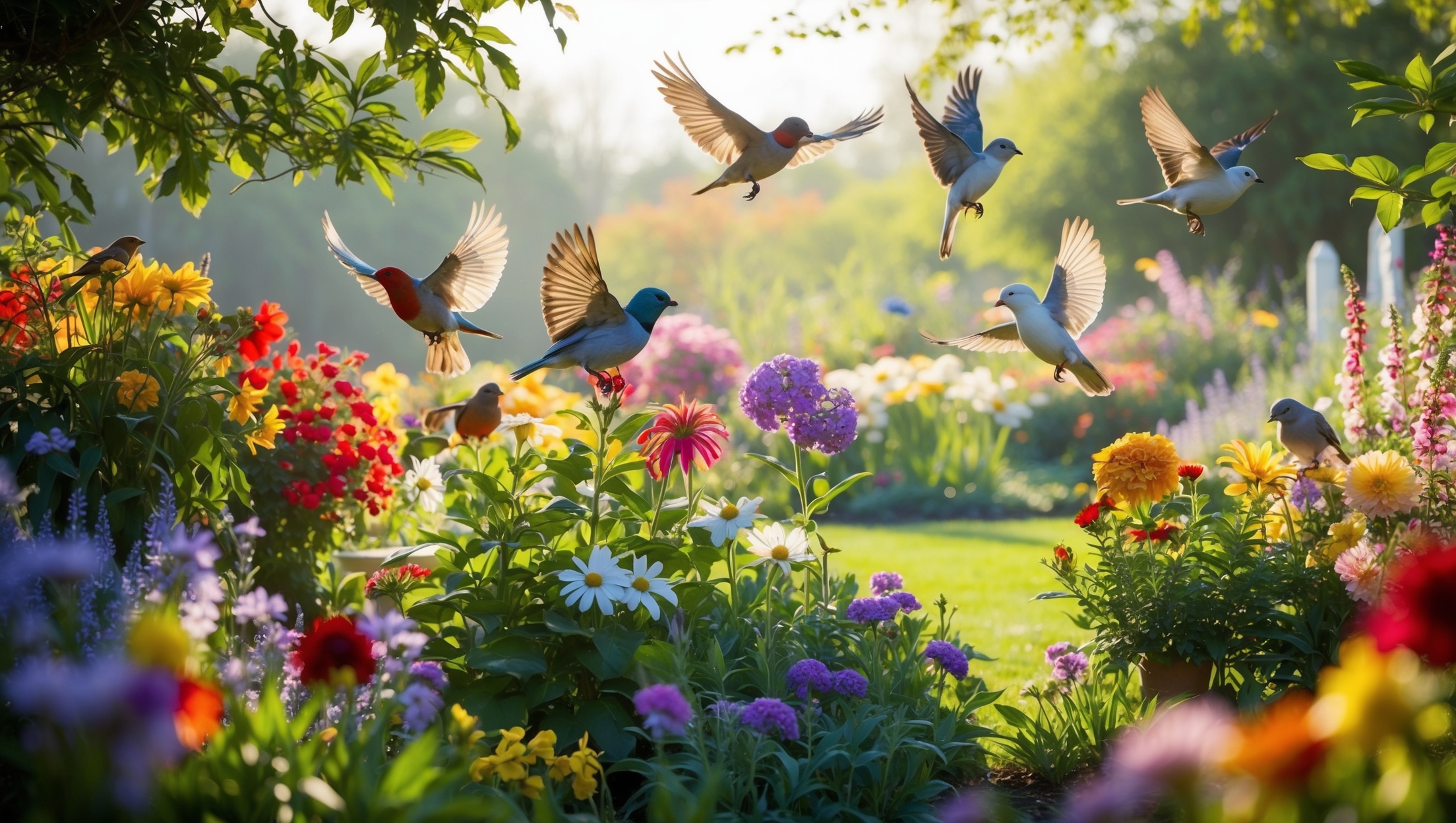 Garden scene with flowers and birds