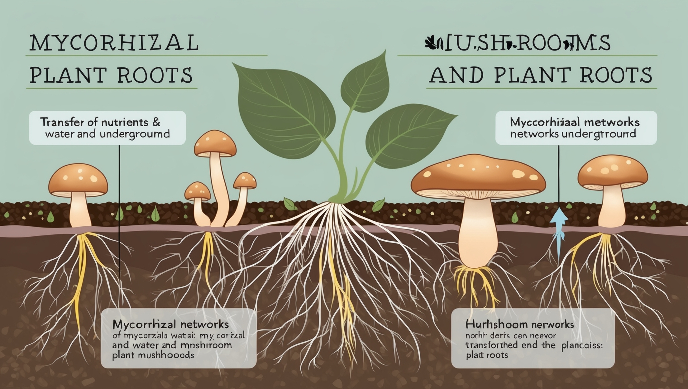 Illustrative diagram of mushroom root interaction with plants