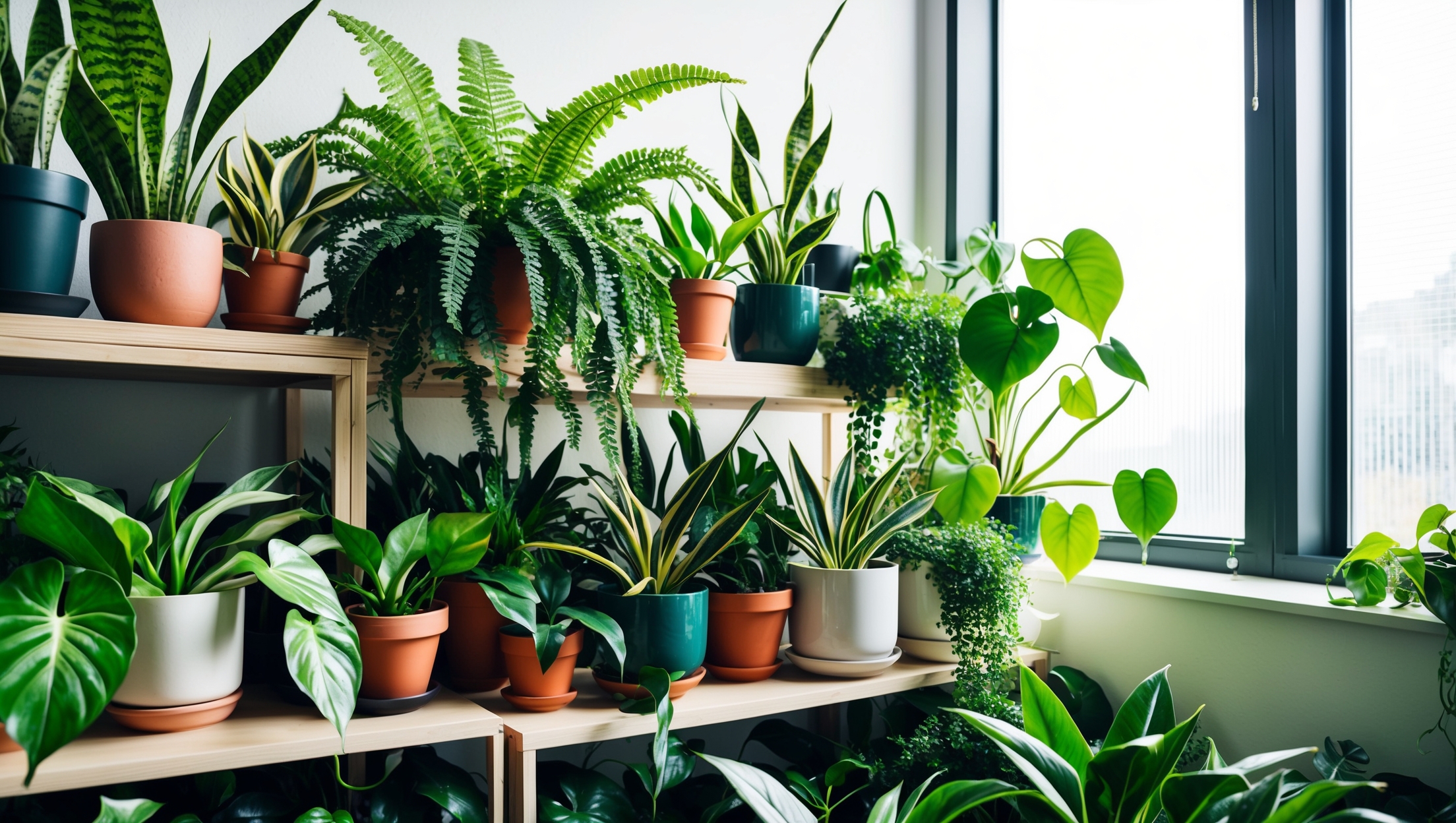 Eclectic mix of houseplants on various levels
