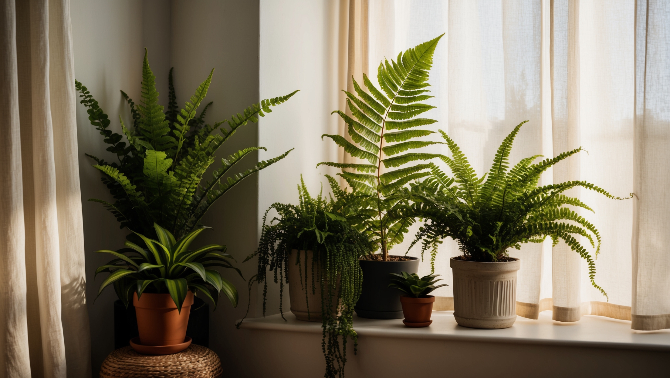 A corner in a home decorated with ferns and other green plants