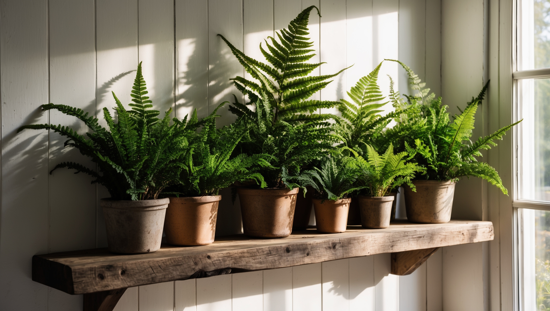 A playful arrangement of ferns on a wooden shelf