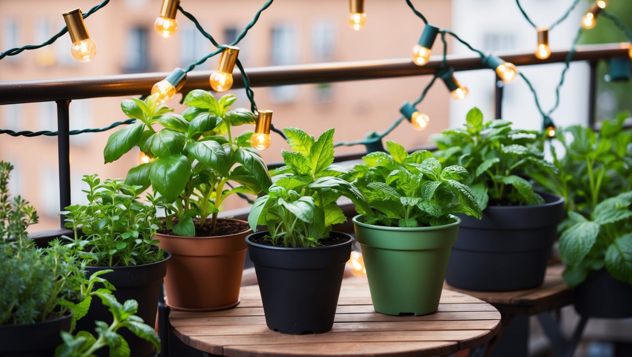 Balcony oasis with herbal plants and fairy lights