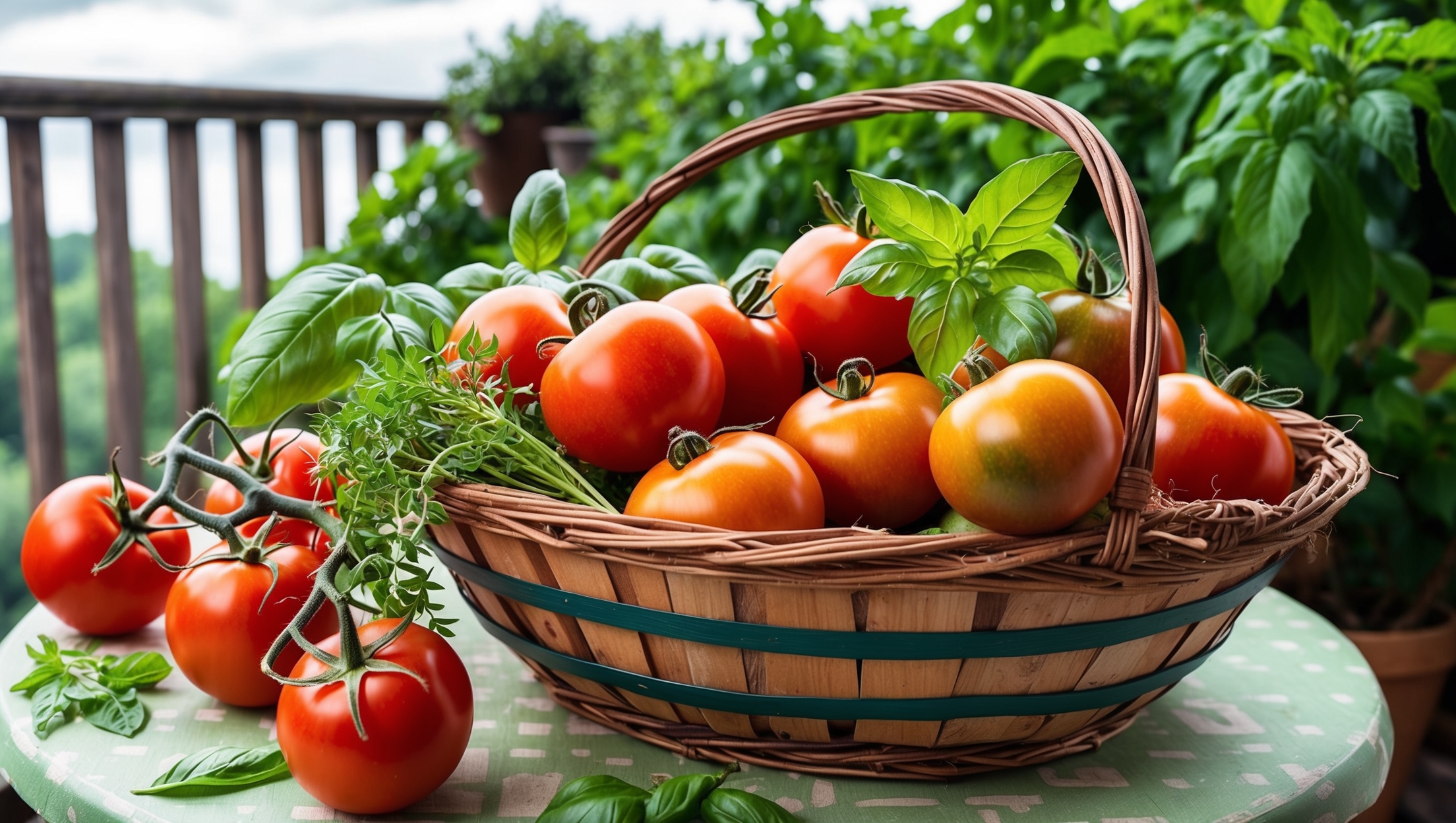 Harvest basket with fresh tomatoes and herbs on balcony