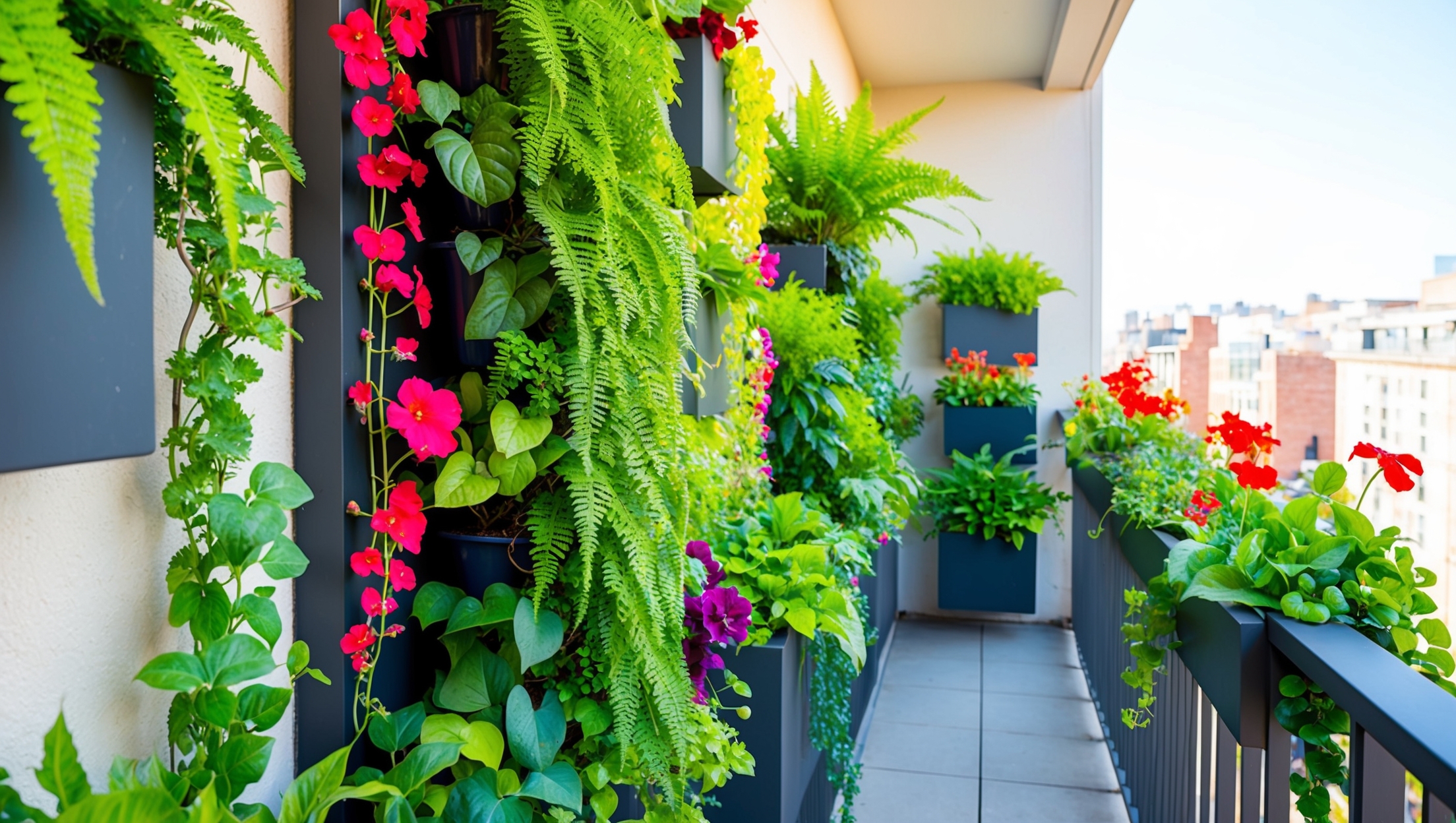 Vertical garden setup on a balcony, with lush green plants and flowers