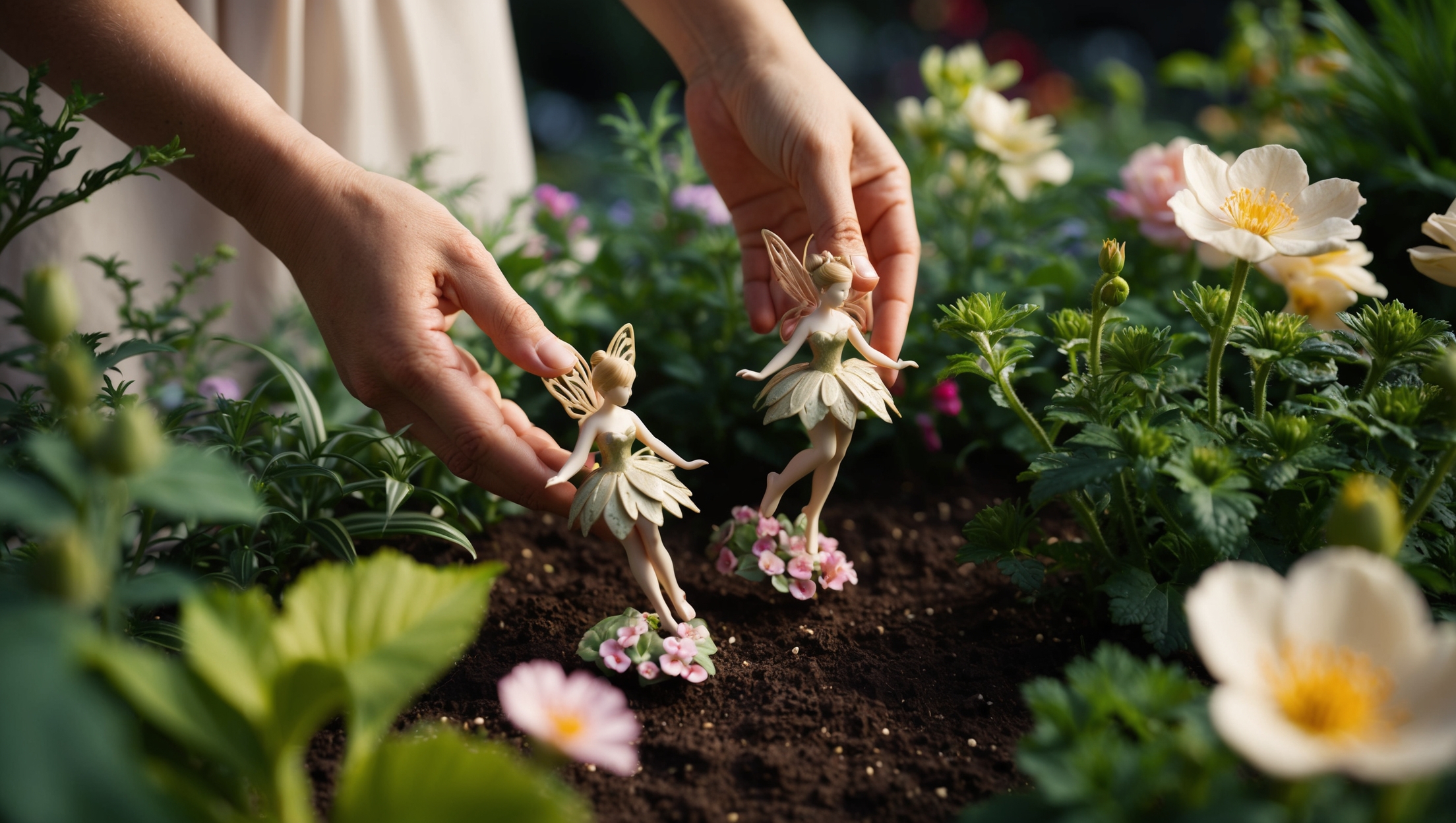Close-up of a gardener placing fairy figurines