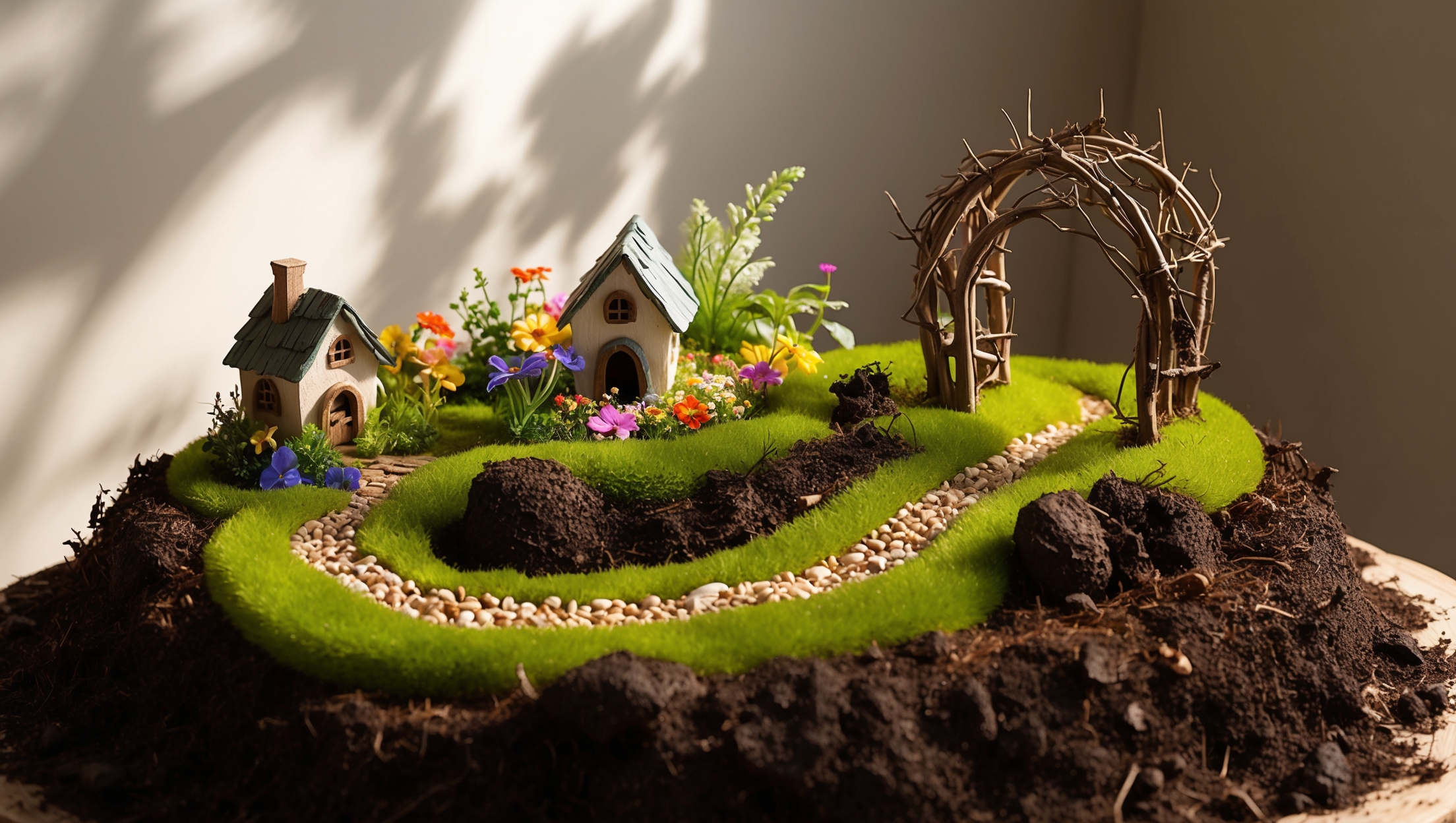 Miniature fairy garden with tiny houses and moss path