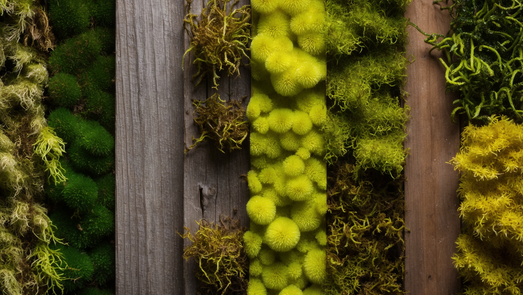 A variety of moss species on wooden planks