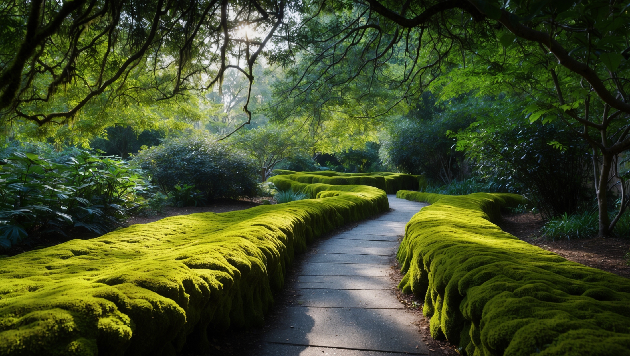 Lush moss garden path