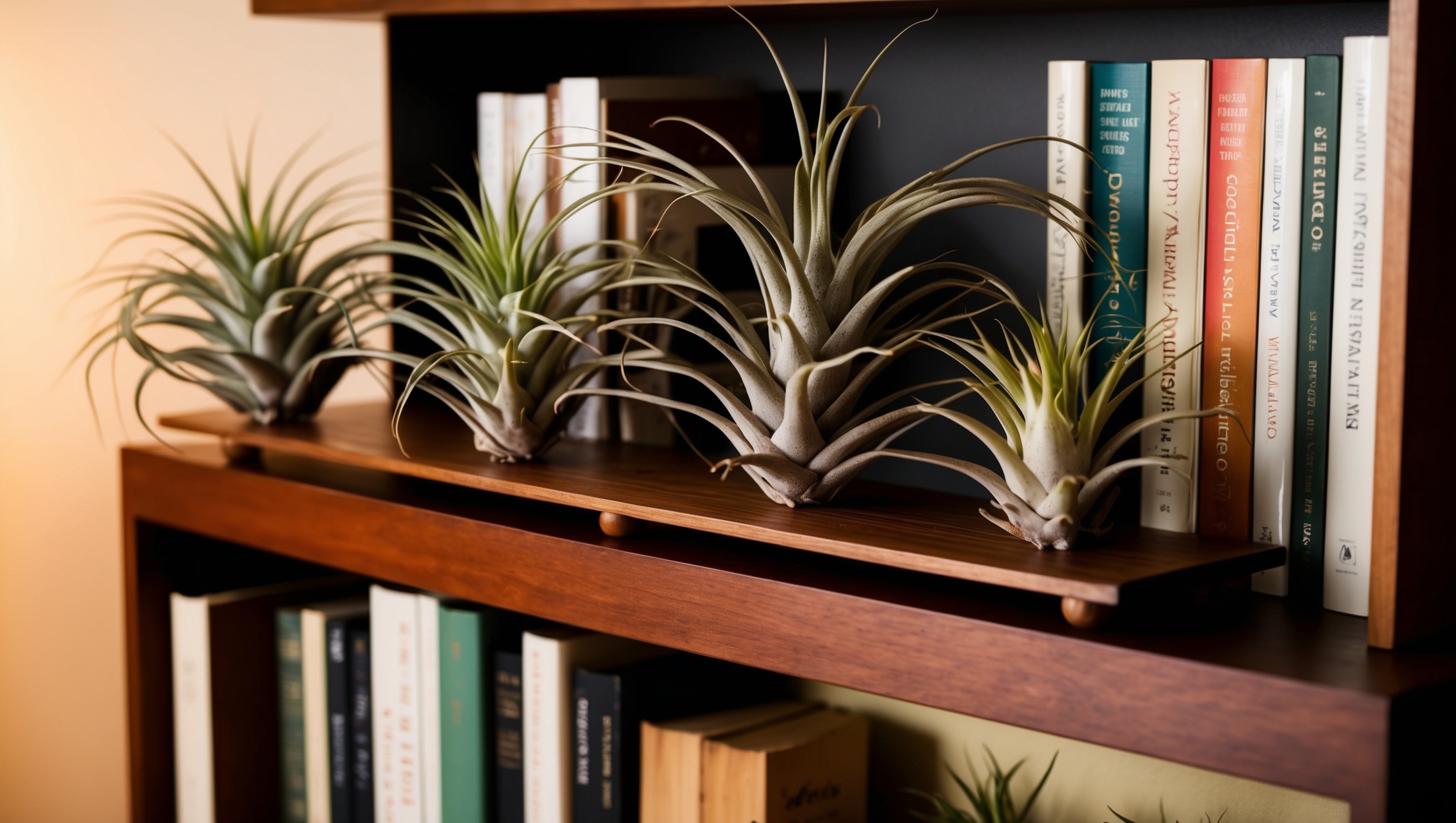 A stylish arrangement of air plants on a wooden display shelf with books