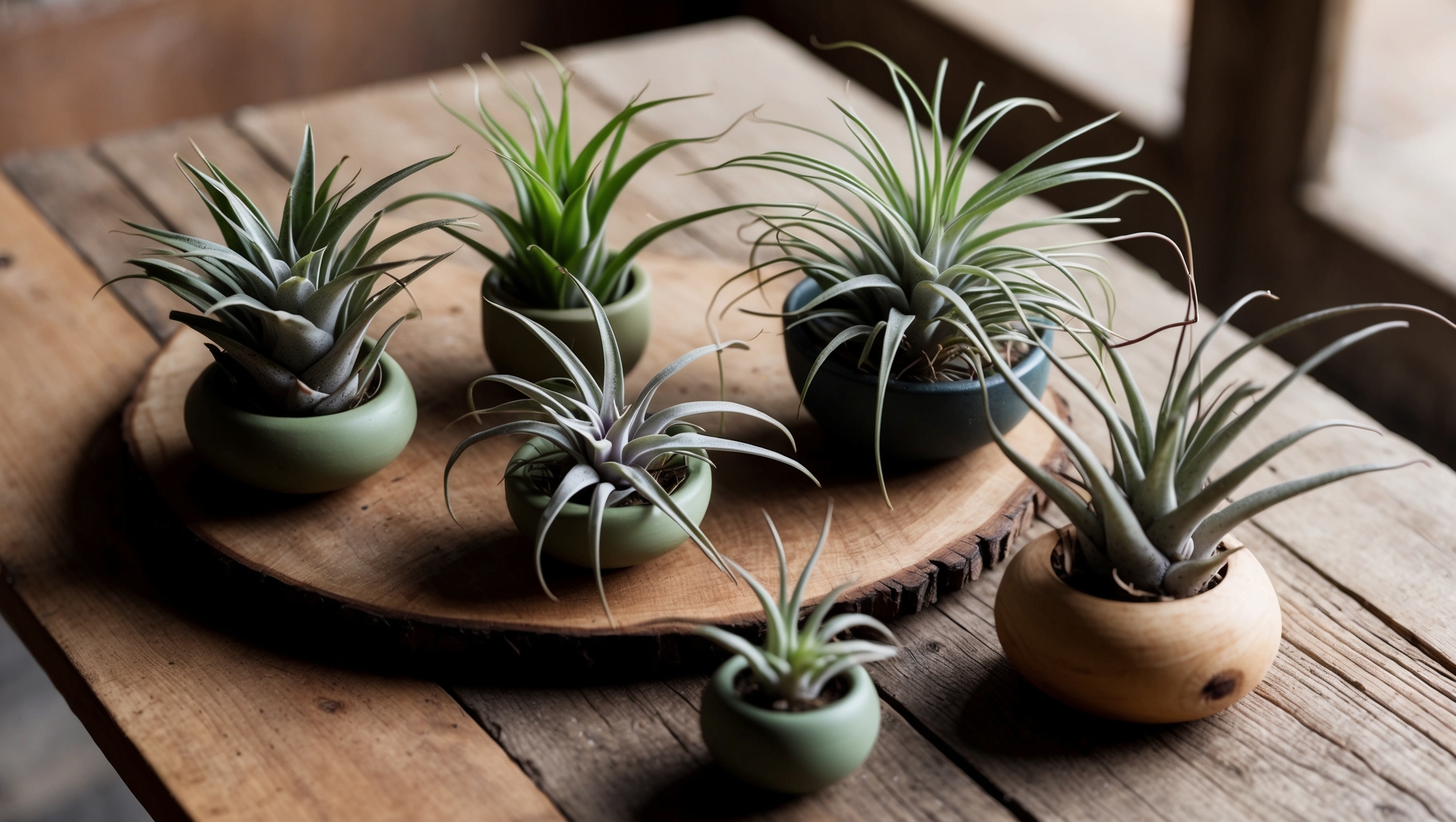 A variety of air plants arranged on a rustic wooden table