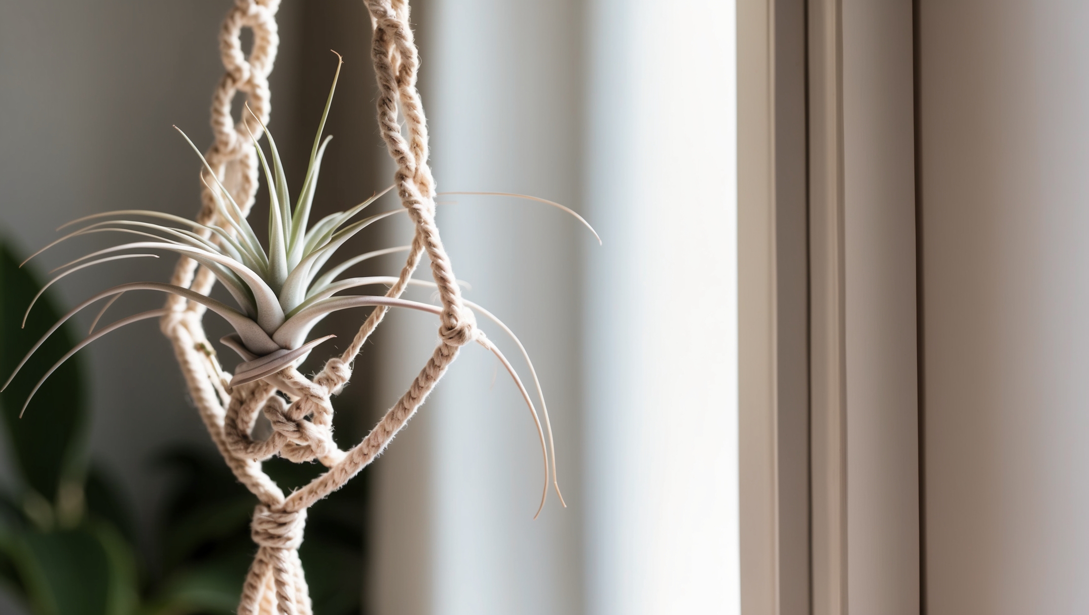 An air plant hanging in a modern macramé holder
