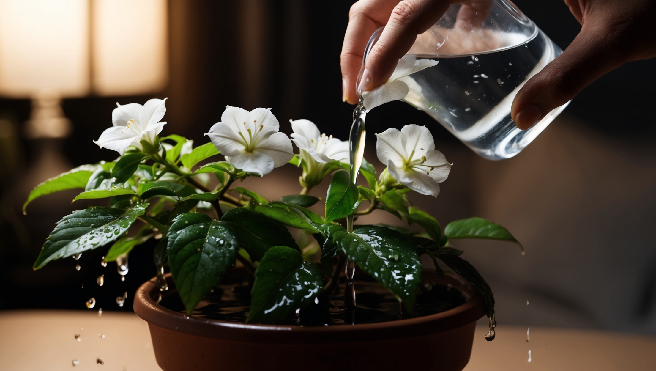 Close-up of watering a night-blooming plant