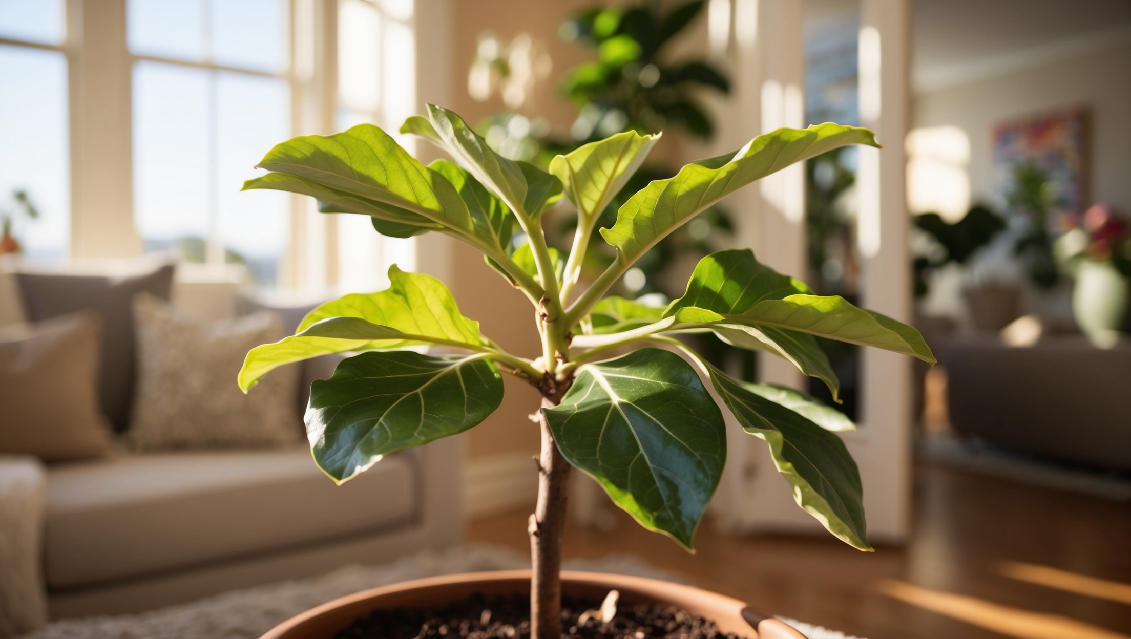 Happy fiddle leaf fig with bright new growth