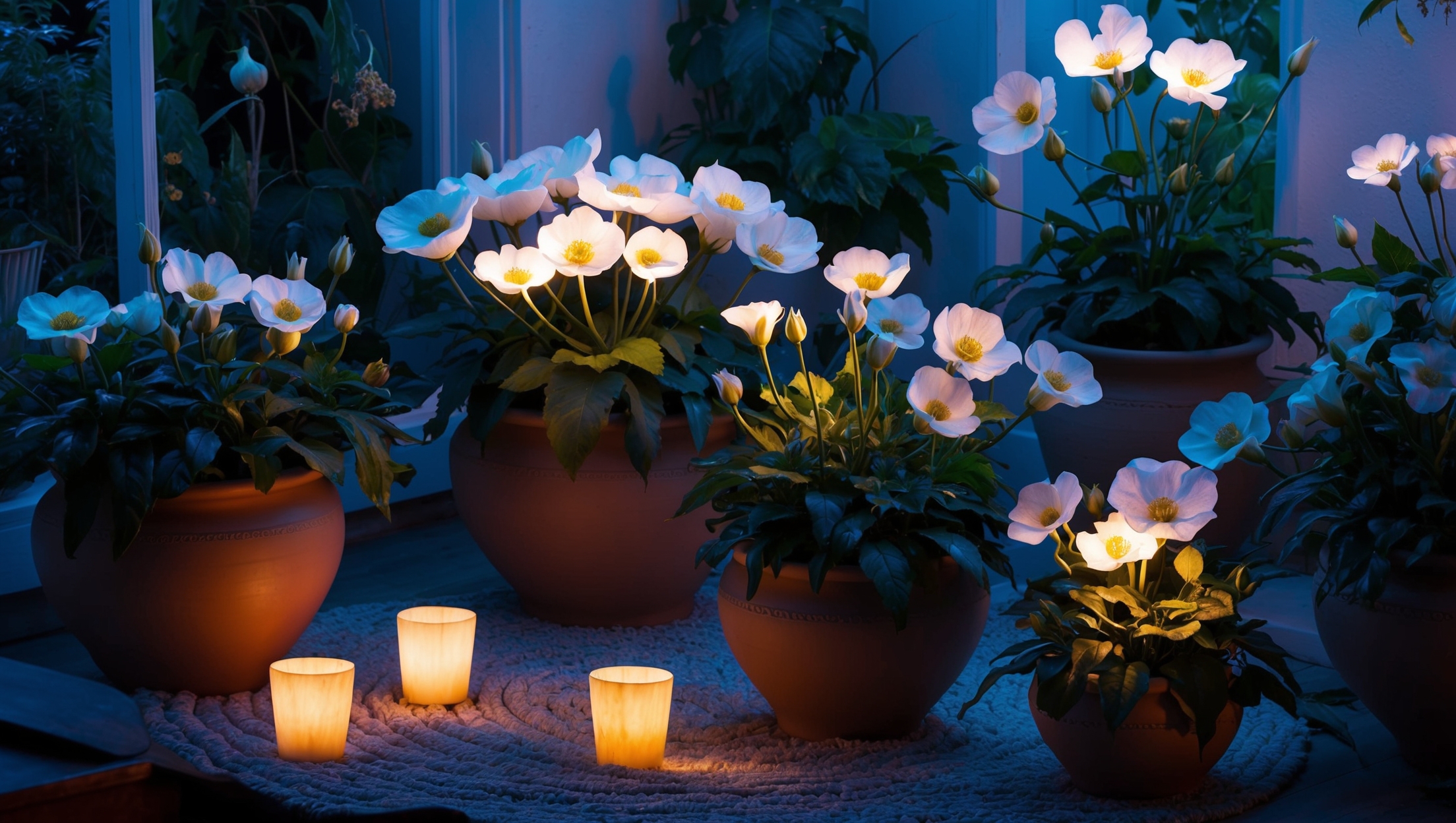 Indoor garden with moonflowers and evening primrose in bloom