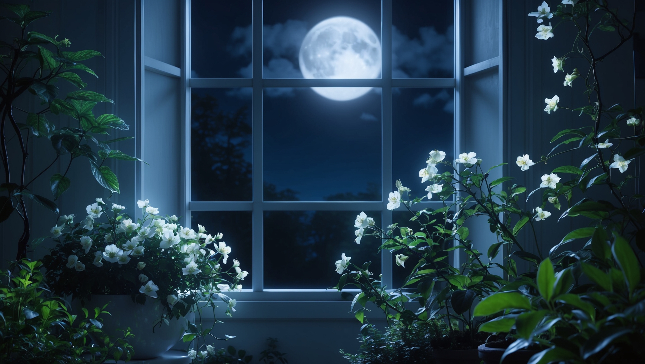 Mystical moonlit indoor garden with plants