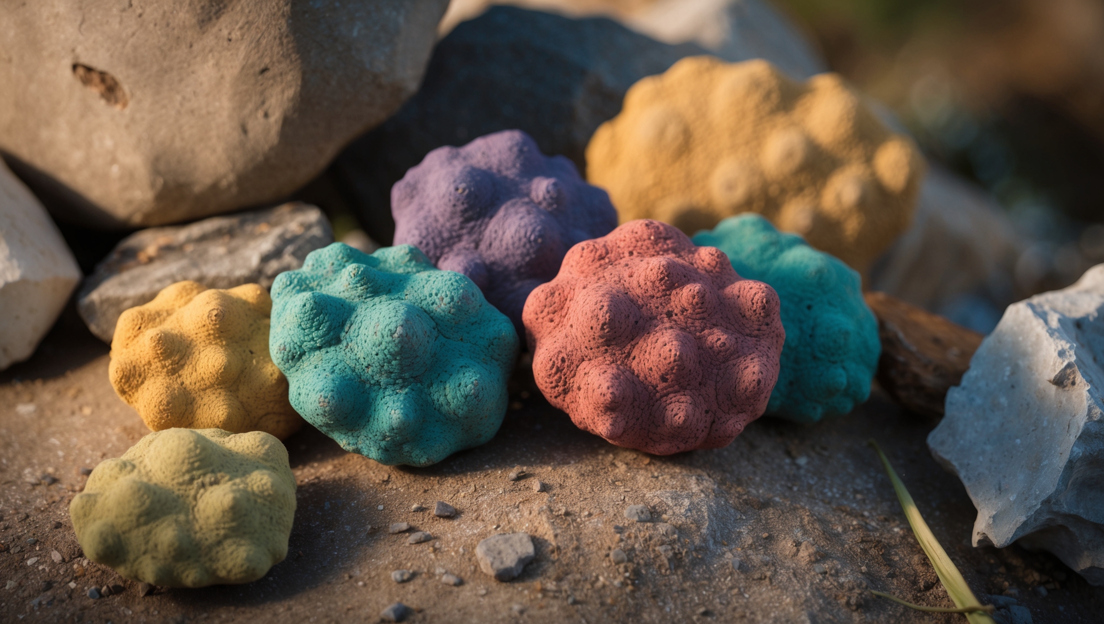 A variety of colorful Lithops nestled together, resembling small stones.
