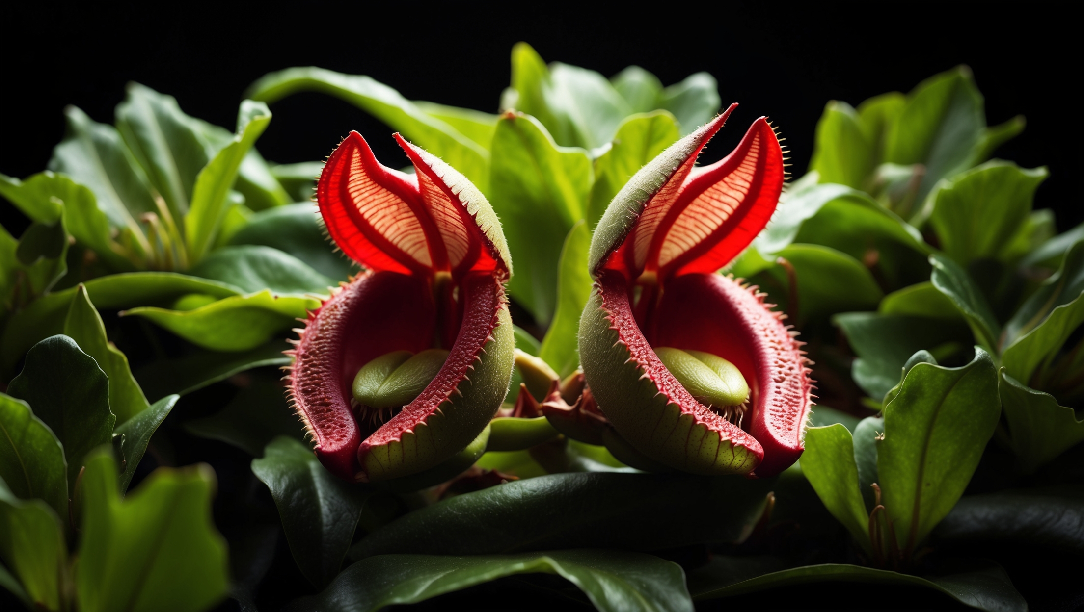 A Venus Flytrap plant with its jaws wide open, ready to capture its next meal.