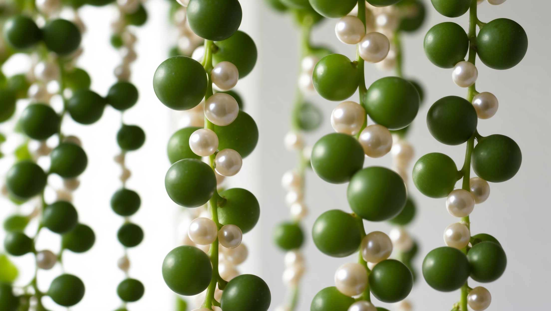 A vibrant String of Pearls plant cascading down with its unique bead-like foliage.